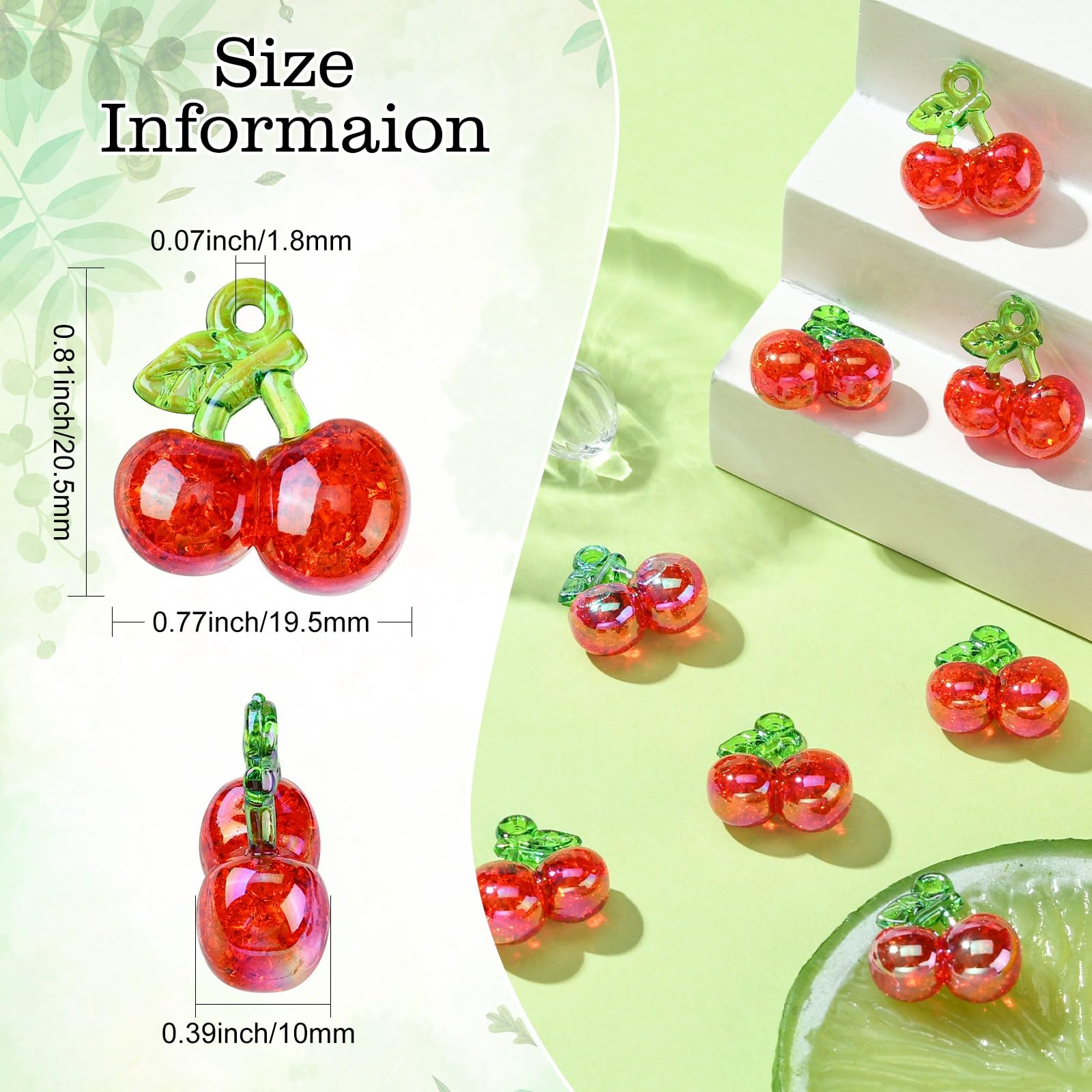 UR URLIFEHALL 20 Pcs Red Crackle Cherry Charms Acrylic 3D Fruit Charms Dangle Charms Pendants for Jewellery Keychain Hairband Crafts - Image 2
