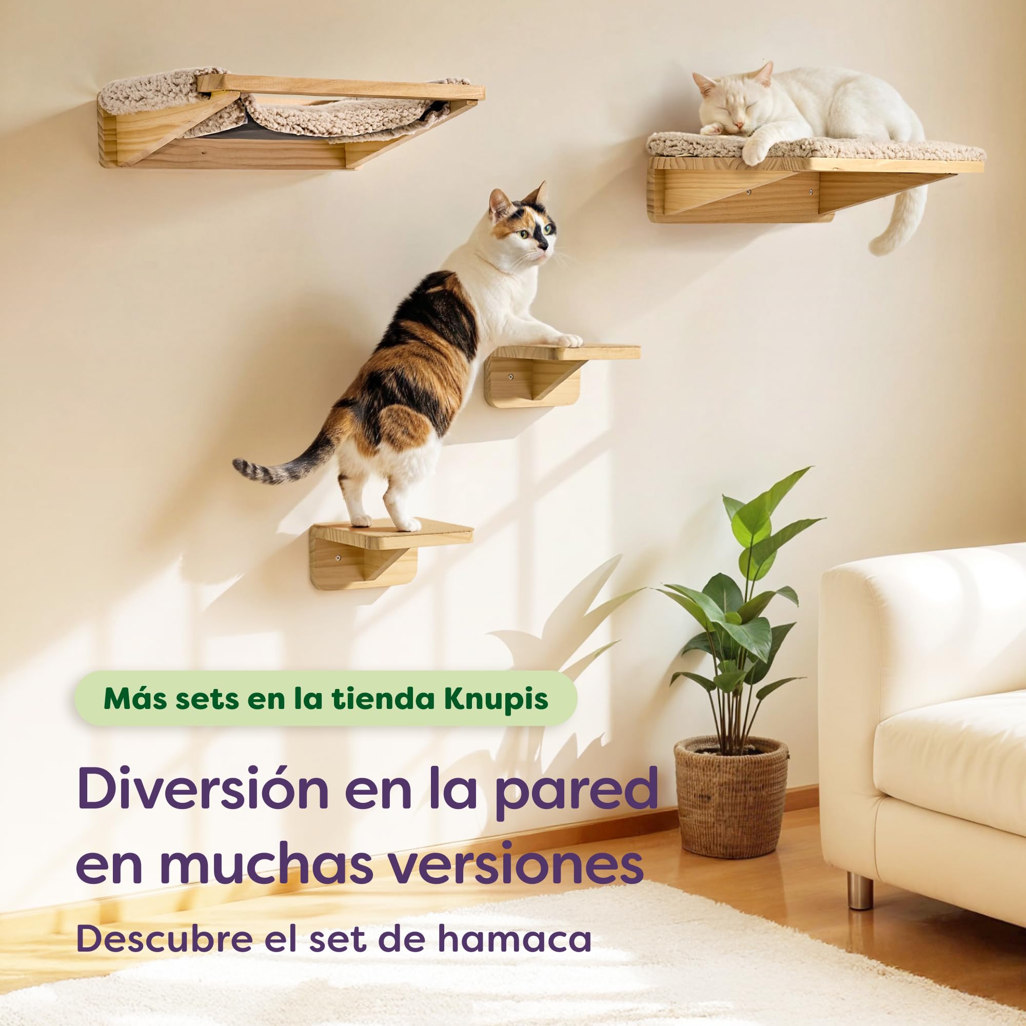 Knupis Estantes de Pared para Gatos con Cama & 2X Escaleras – Madera de Pino Maciza FSC®, Hamaca de Pared Resistente hasta 30 kg – para Juego & Comodidad - Beige