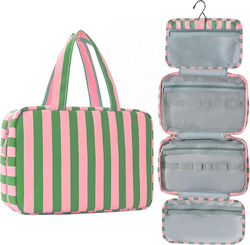 Necessaire de viagem Apxouans em poliéster com listras, gancho e compartimentos, verde AB-Green, 20,07 x 7,49 x 18,01 cm
