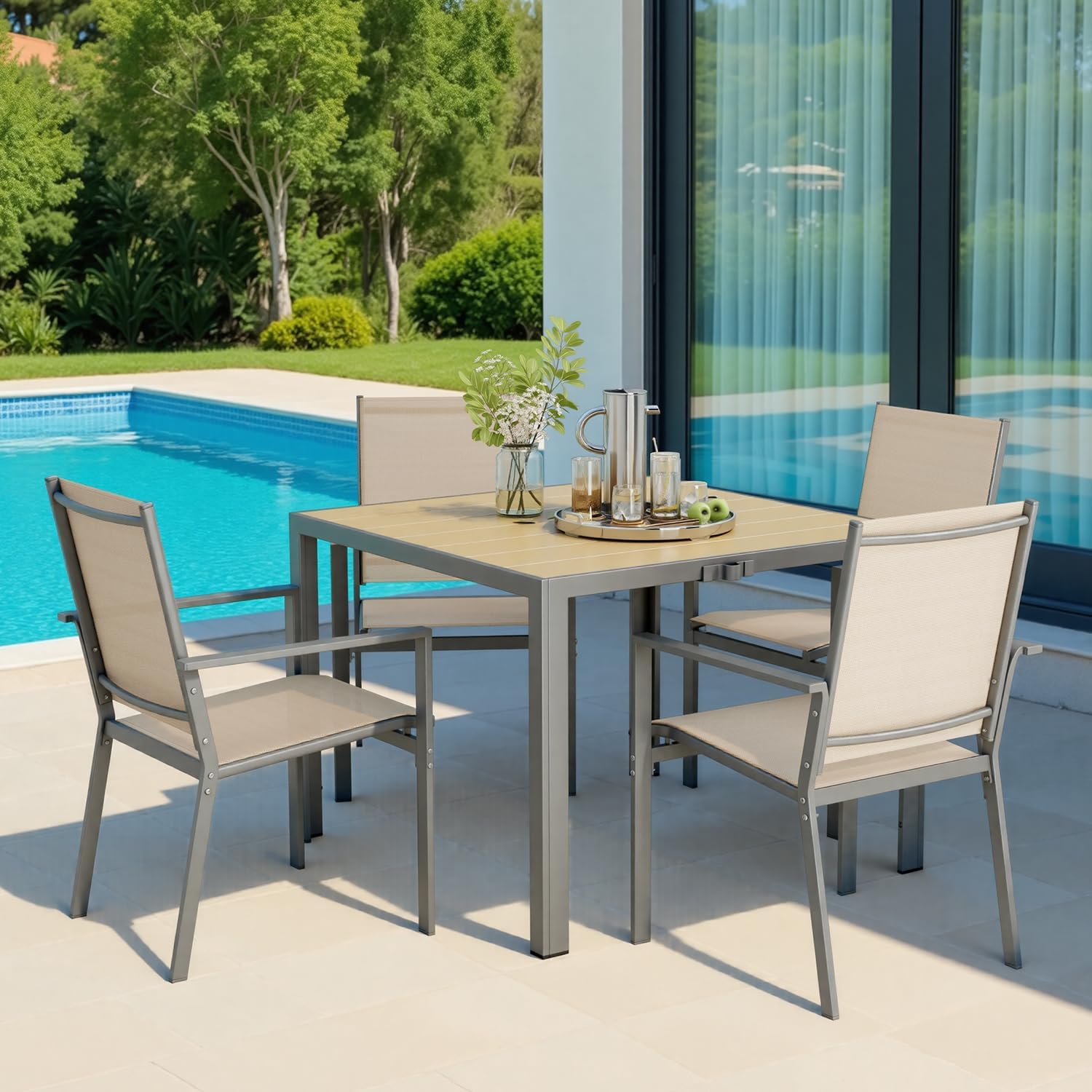 Ahomly Outdoor Dining Sets for 4, Patio Table and Chairs Set Includes Rectangle Outdoor Table with Umbrella Hole, Textilene Fabric Outdoor Chairs for Backyard,Courtyard,Poolside,Lawn,Brown