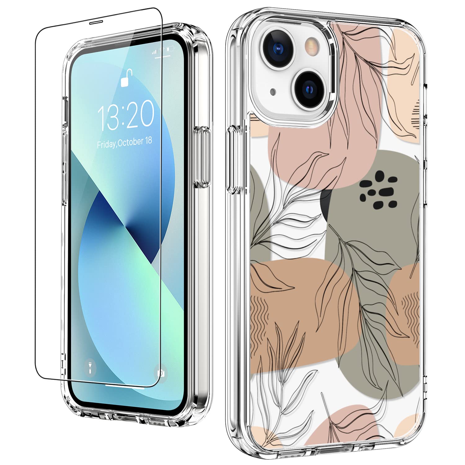 LUHOURI iPhone 13 Case with Screen Protector,Clear Acrylic Cover with Fashion Cute Designs for Women Girls,Slim Fit Durable Protective Phone Case for iPhone 13 6.1" Tropical Leaves Painting