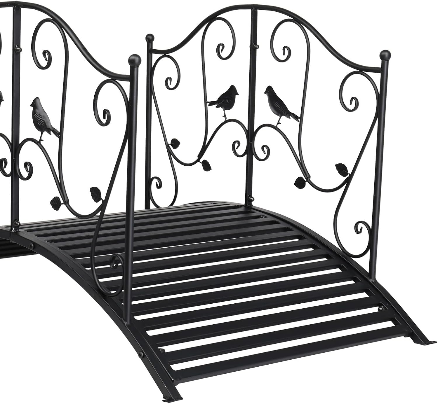 4FT Black Steel Garden Bridge for Outdoor/Indoor, Bird Pattern Arched Handrail Courtyard Steel Bridge, Anti Corrision, Durable, Stable