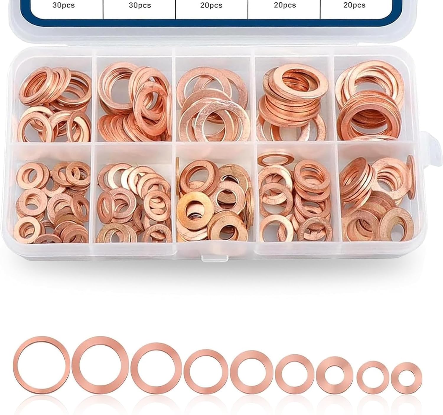 200 PCS Copper Crush Washers, Metric Sealing Washer Assortment Kit, 9-size Oil Pan Plug Flat Sealing Gaskets, Universal Bolt Gaskets for Most Cars (Gold)