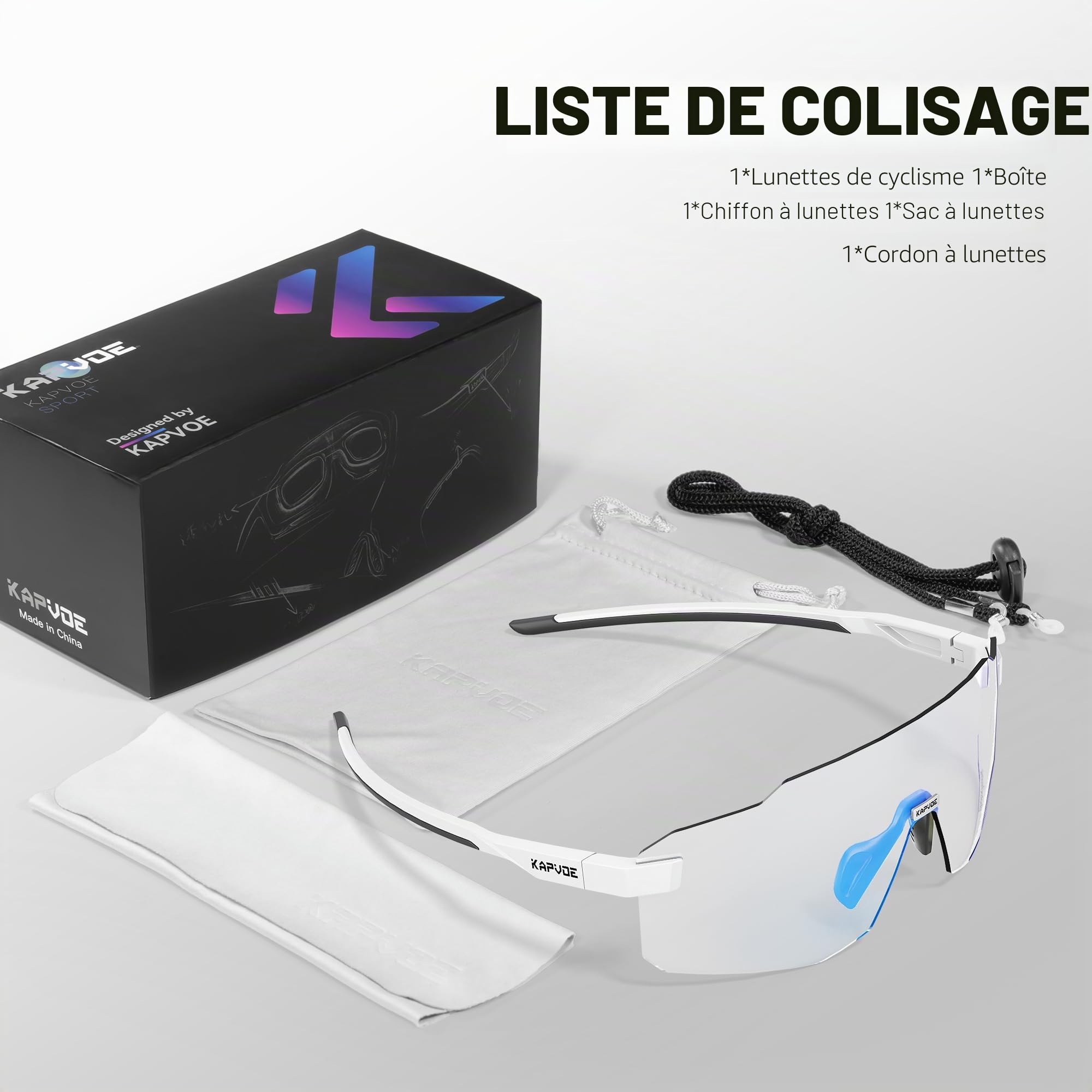 KAPVOE Lunettes de Cyclisme Photochromiques homme femme Lunettes Sportives Anti UV400 pour VTT Course en Montagne et Conduite Monture Sans Cadre K341