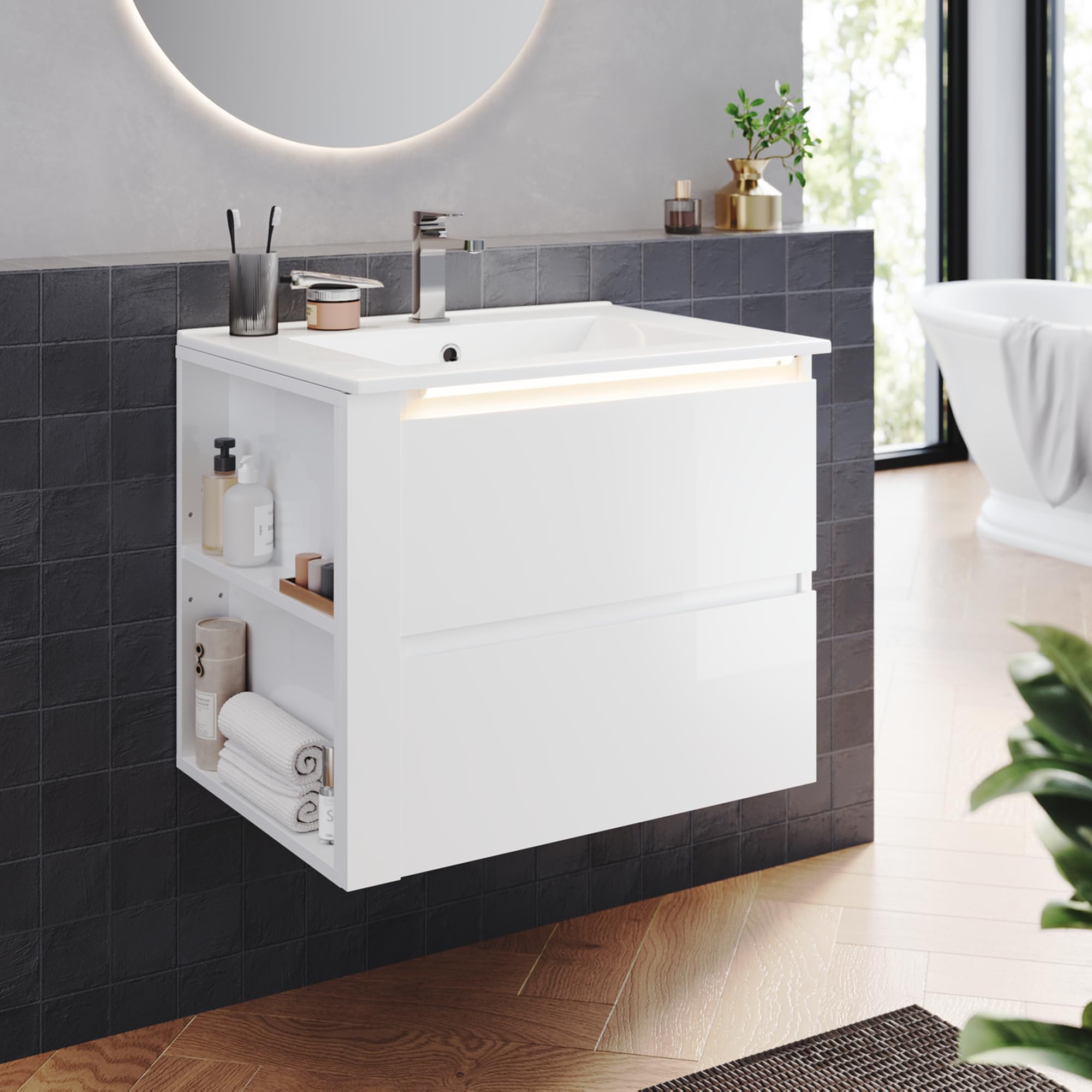 ELEGANT 600mm Wall Mounted Bathroom Vanity Unit with Motion Sensor Light