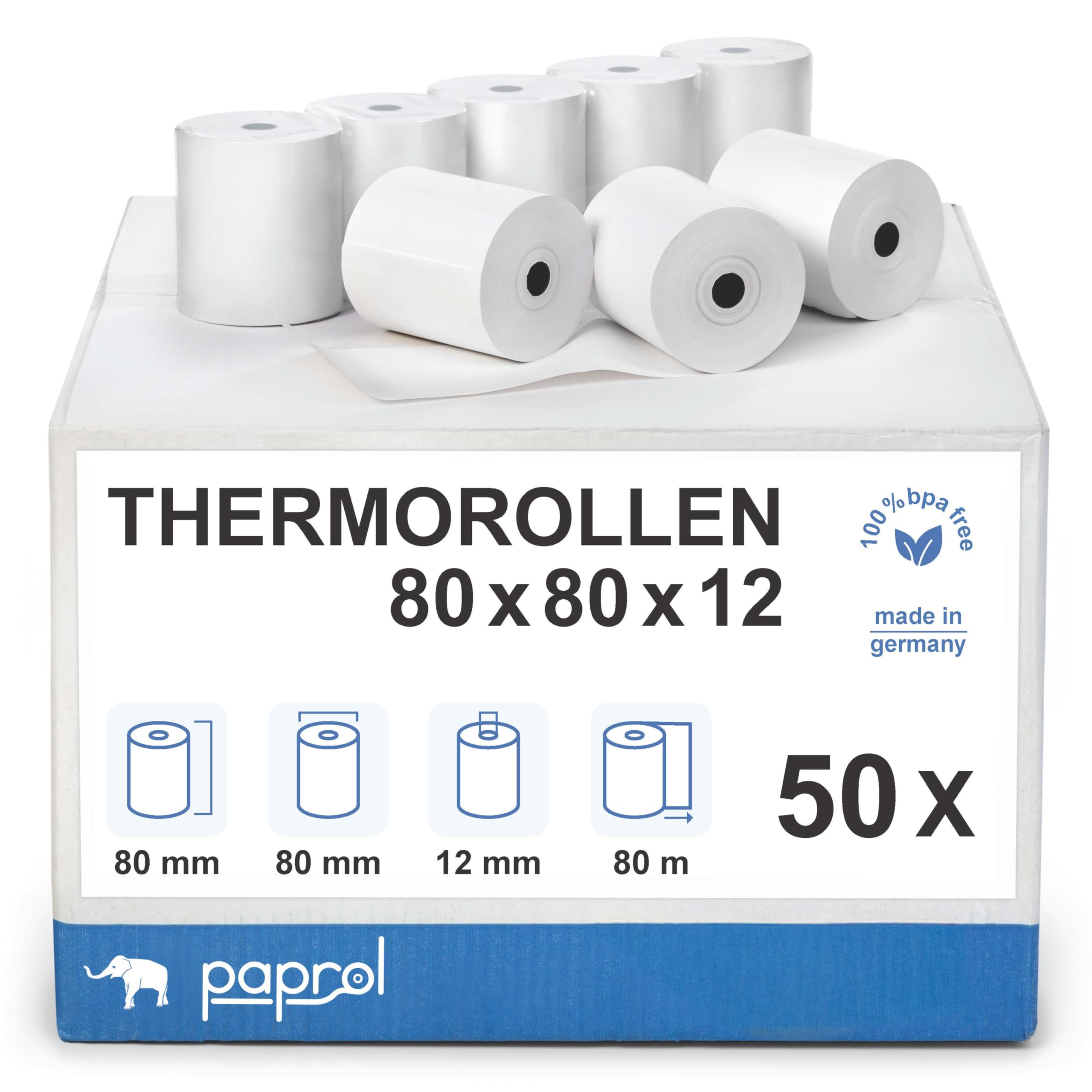 Thermorollen, 80 mm x 80 m x 12 mm, 50 Rollen | für Bondrucker, 80x80x12, Bonrollen, Kassenrollen für Bondrucker, Registrierkasse, Thermodrucker