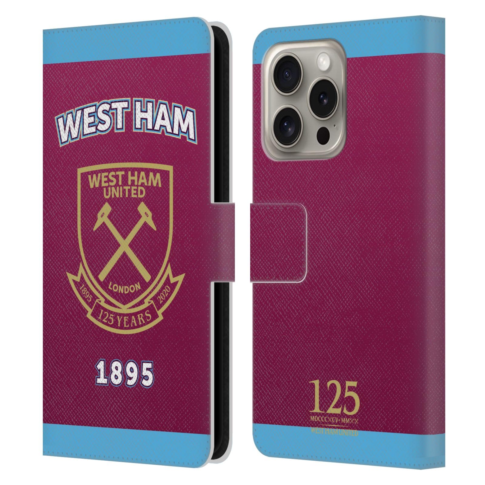 Head Case Designs Officially Licensed West Ham United FC 1895 Claret Crest 125 Year Anniversary Leather Wallet Case Compatible With Apple iPhone 16 Pro