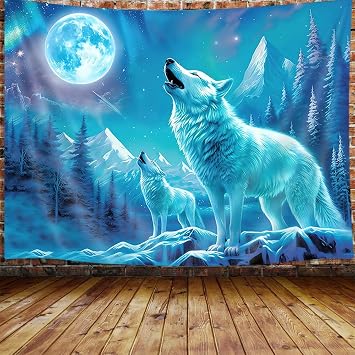 JAWO Cool Wolf Tapestry for Men, Fantasy Animals Psychedelic Moon Tapestry Wall Hanging for Boys Bedroom, Trippy Mountian Forest College Dorm Home Decor71X60, Blue