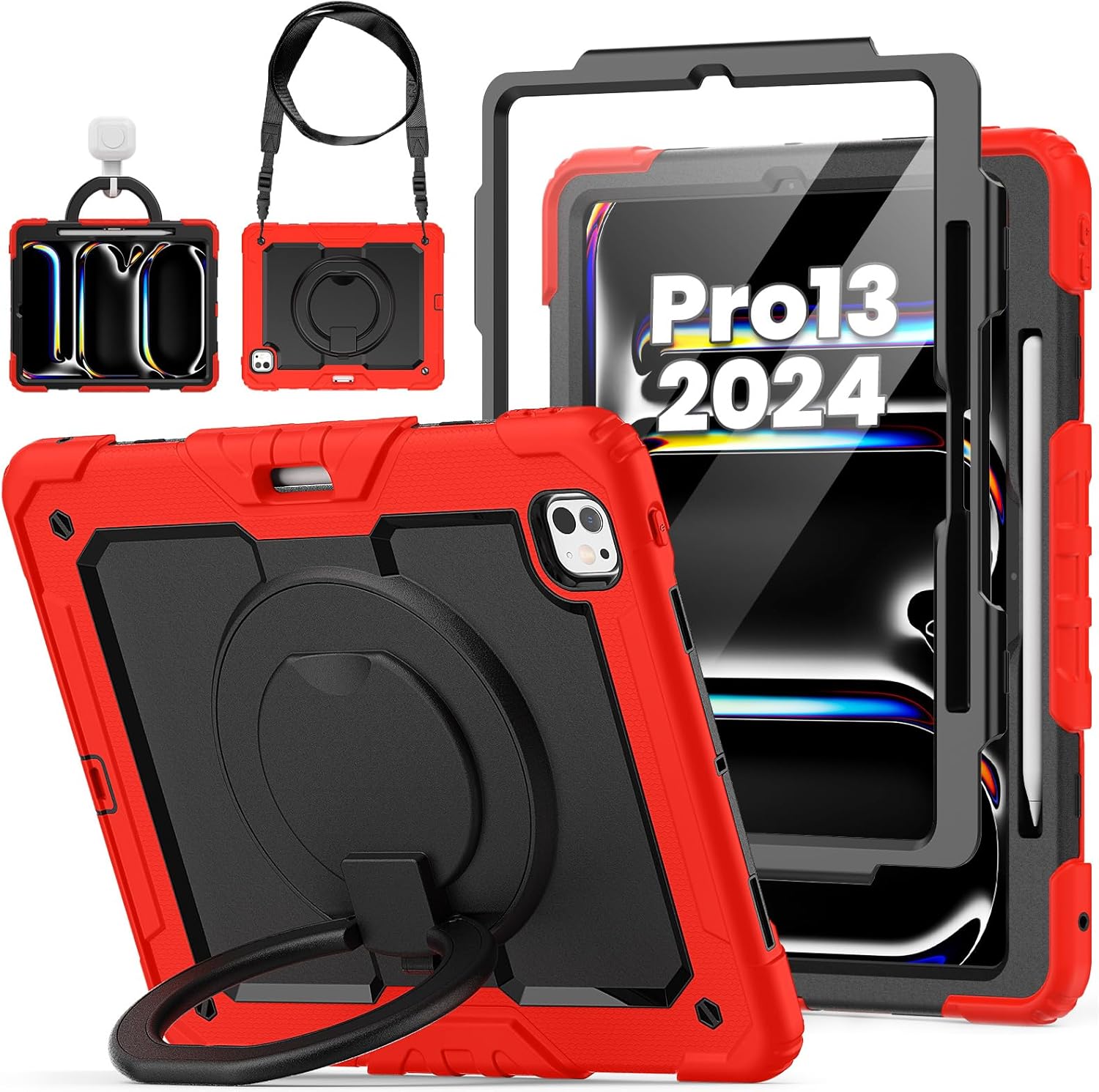for iPad Pro 13 Inch Case 2024 M4, Heavy Duty Shockproof iPad 13 Pro case (7th Generation) with Rotating Handle & Stand- Shoulder Strap- Screen Protector- Pencil Holder, Red