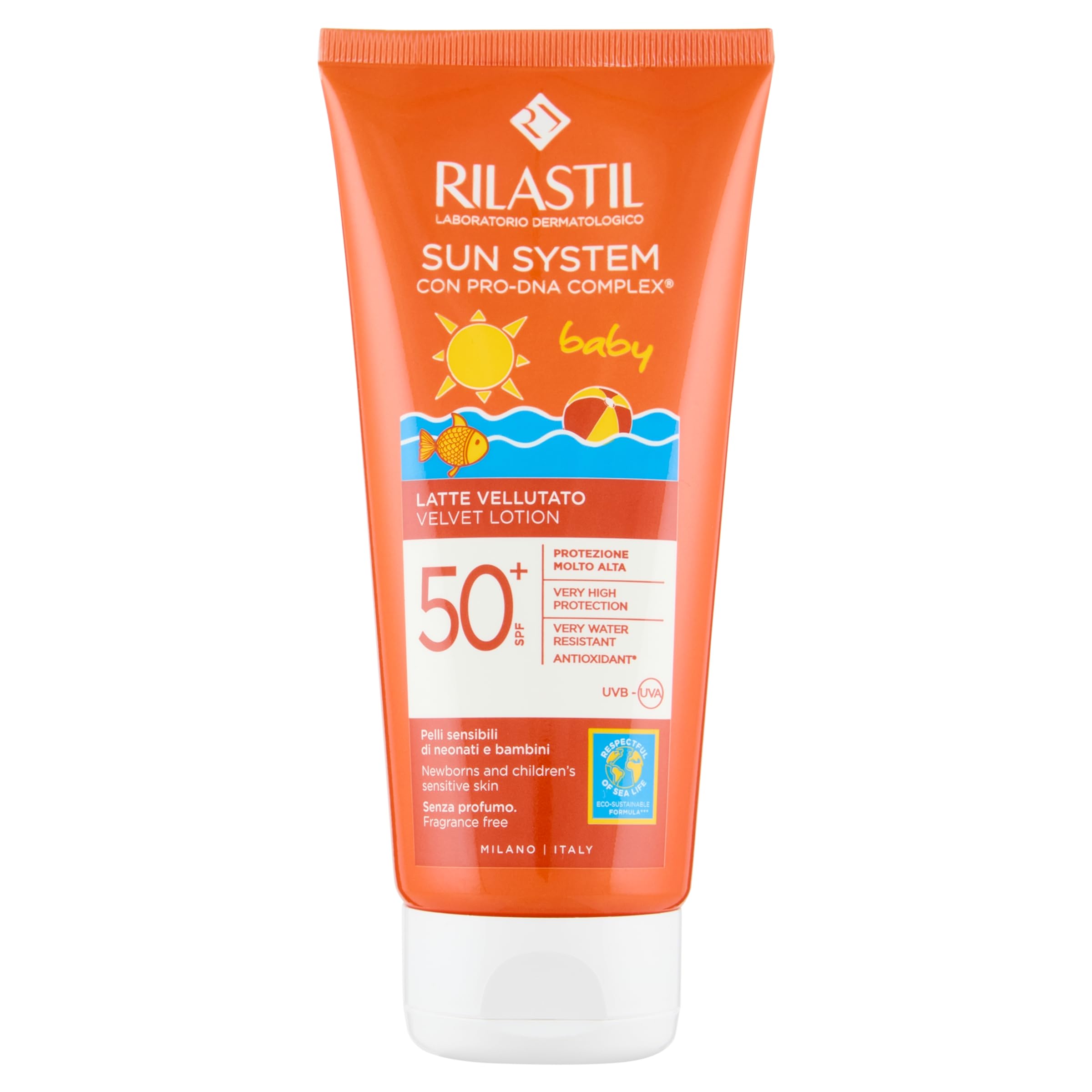Rilastil Sun System Baby Latte Vellutato per Pelle Sensibile del Bambino, Resistente all'Acqua, Protezione Molto Alta, SPF 50+