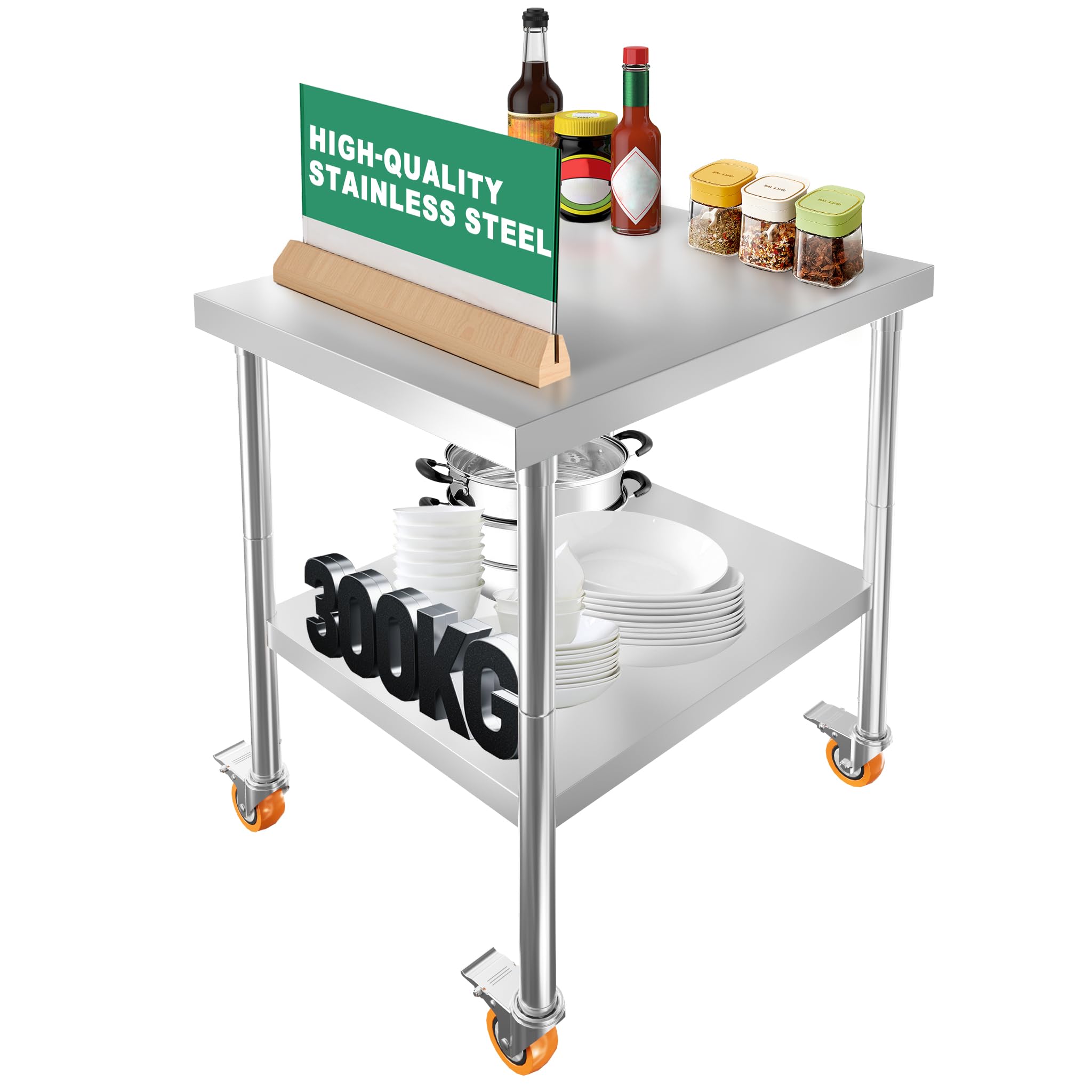 NAIZY Mesa de trabajo de acero inoxidable, 76 x 60 x 85 cm, mesa de acero inoxidable, con 4 ruedas giratorias y patas ajustables, mesa de acero inoxidable, hasta 300 kg, para exteriores, taller