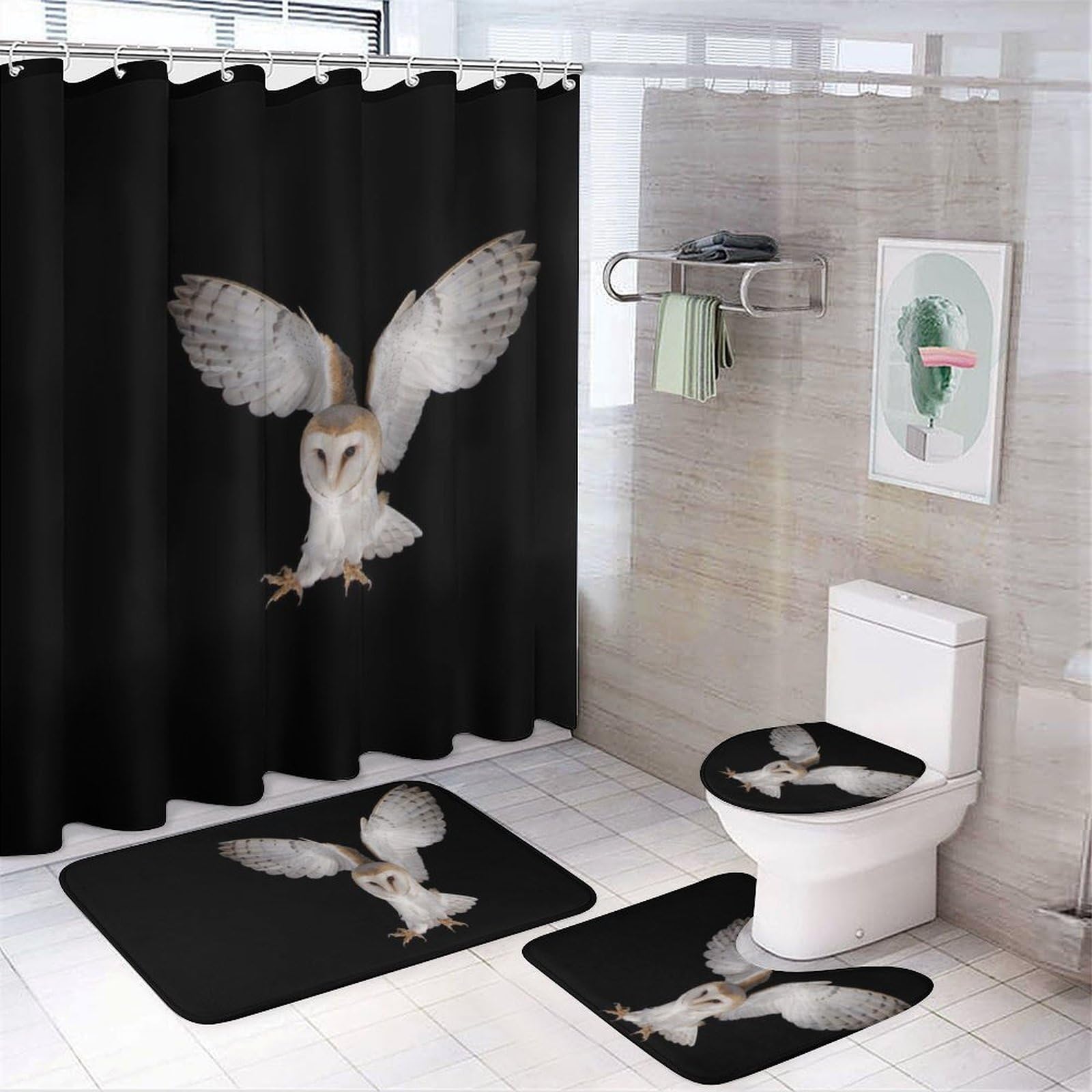 JiuPopular Bathroom Mat Set 4 Piece, Barn Owl Shower Curtain with Non-Slip Bath Mats for Bathroom
