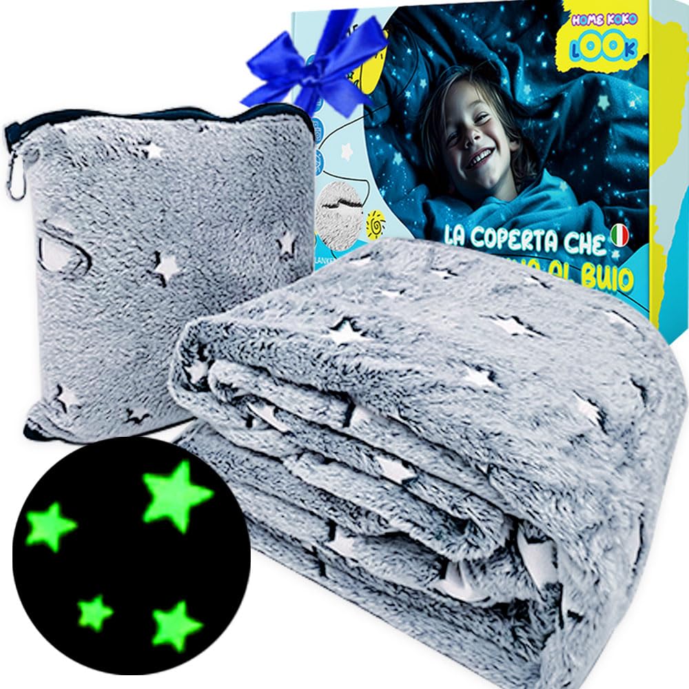 COPERTA PLAID IN PILE CON STELLE CHE SI ILLUMINANO AL BUIO MORBIDA IDEA REGALO