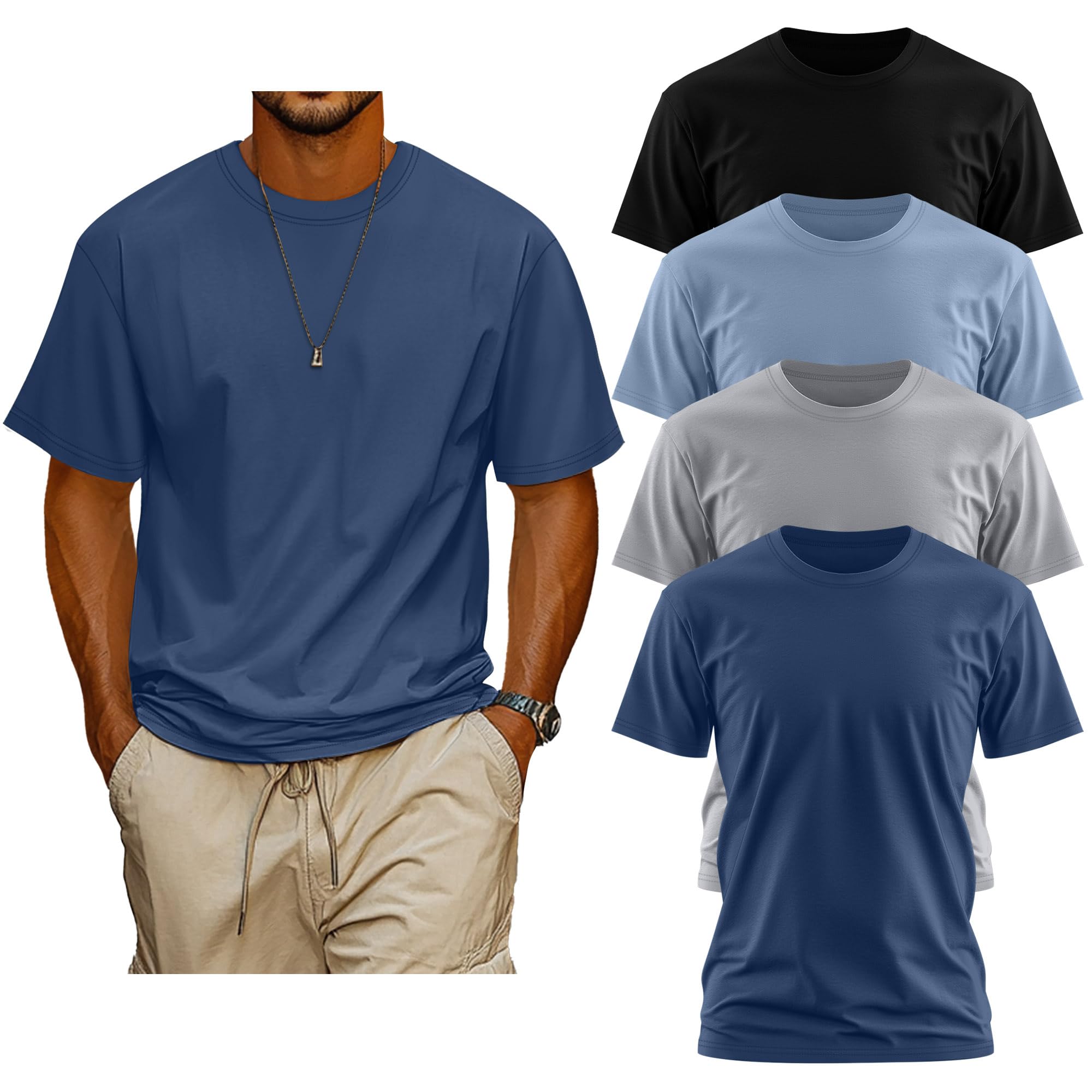 Neer Paquete de 4 Camisetas para Hombre Tallas Grandes y Altas Algodón de Verano, Mangas Cortas Cuello Redondo Prenda Casual