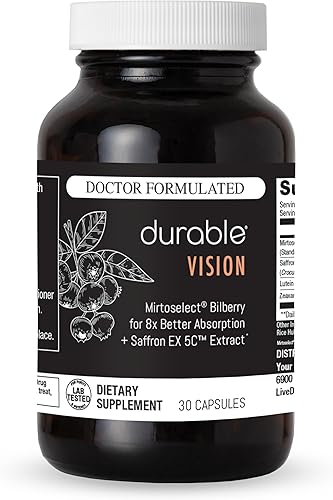 Durable Vision - Azafrán, arándano, luteína y zeaxantina - Apoya la protección de la luz azul, fatiga ocular, claridad de visión y salud macular -
