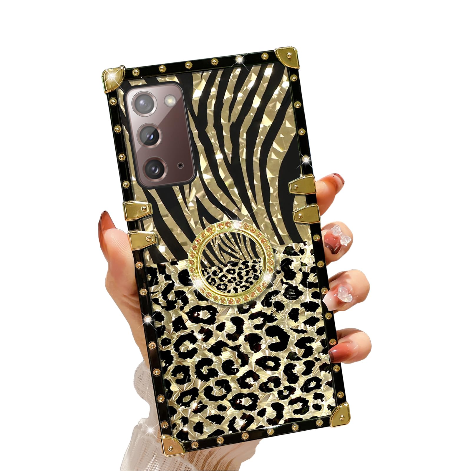 for Samsung Galaxy Note 20 Phone Case with Ring Stand Girls Women Retro Elegant Luxury Sparkle Leopard Gold Full Protection Protective Phone Cover for Samsung Galaxy Note 20 5G