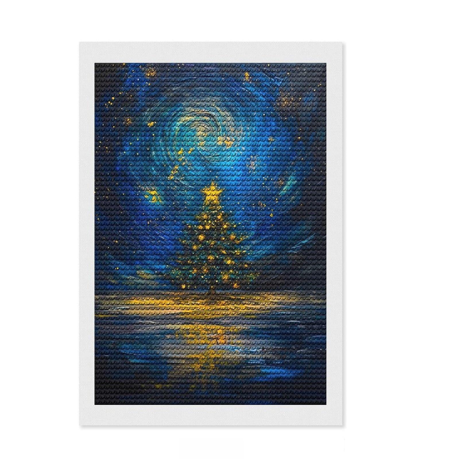 Junmoney Christmas Tree Starry Night Round Drill Diamond Painting 8"x12", for Women, Farmhouse Decor, Good for Quiet Evenings, Birthday Gift