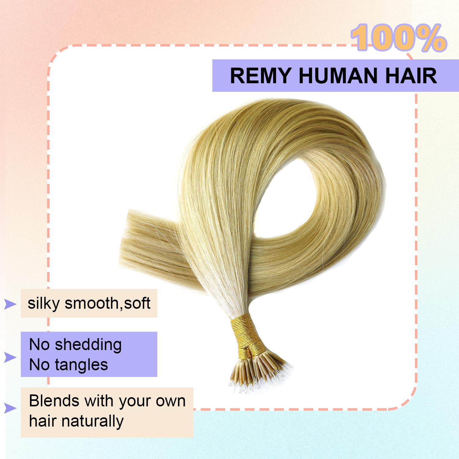 KOCONI 16 Inch Nano Ring Hair Extensions Real Human Hair Double Drawn Nano Beads Human Hair Extensions Nano Tip Hair Extensions Nano Rings Human Hair 50g 1g/Strand Ash Blonde With Light Blonde #P16/24 - Image 3