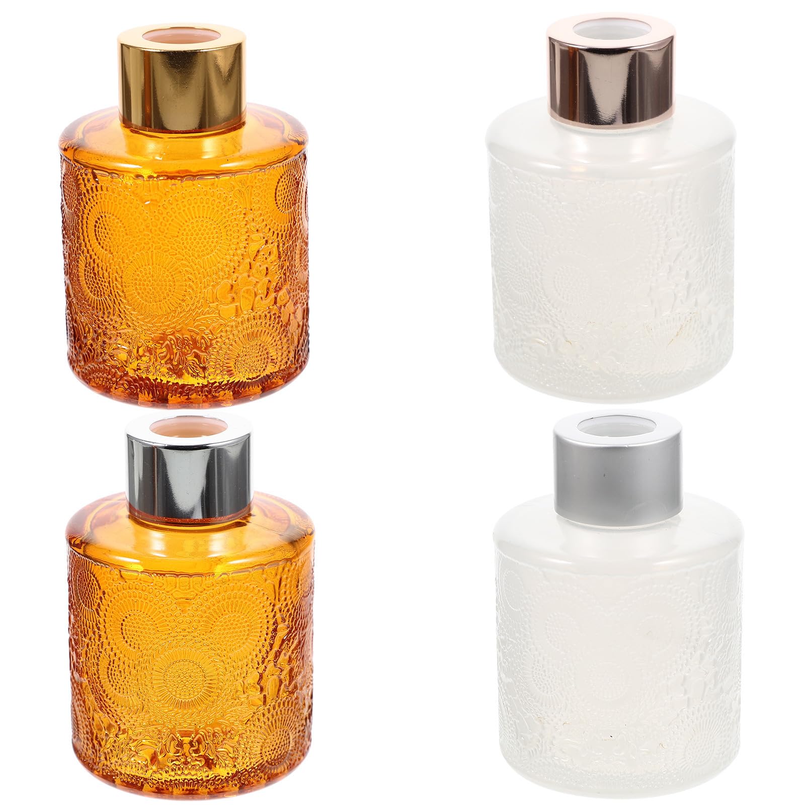 CRAFTHROU 4 Stück Duftdiffusor Flasche aus Glas mit Prägung Dekorativ und Elegant Aluminiumlegierung Halter für Aromatherapie und Schlafzimmer Dekoration Zufällige Farbe