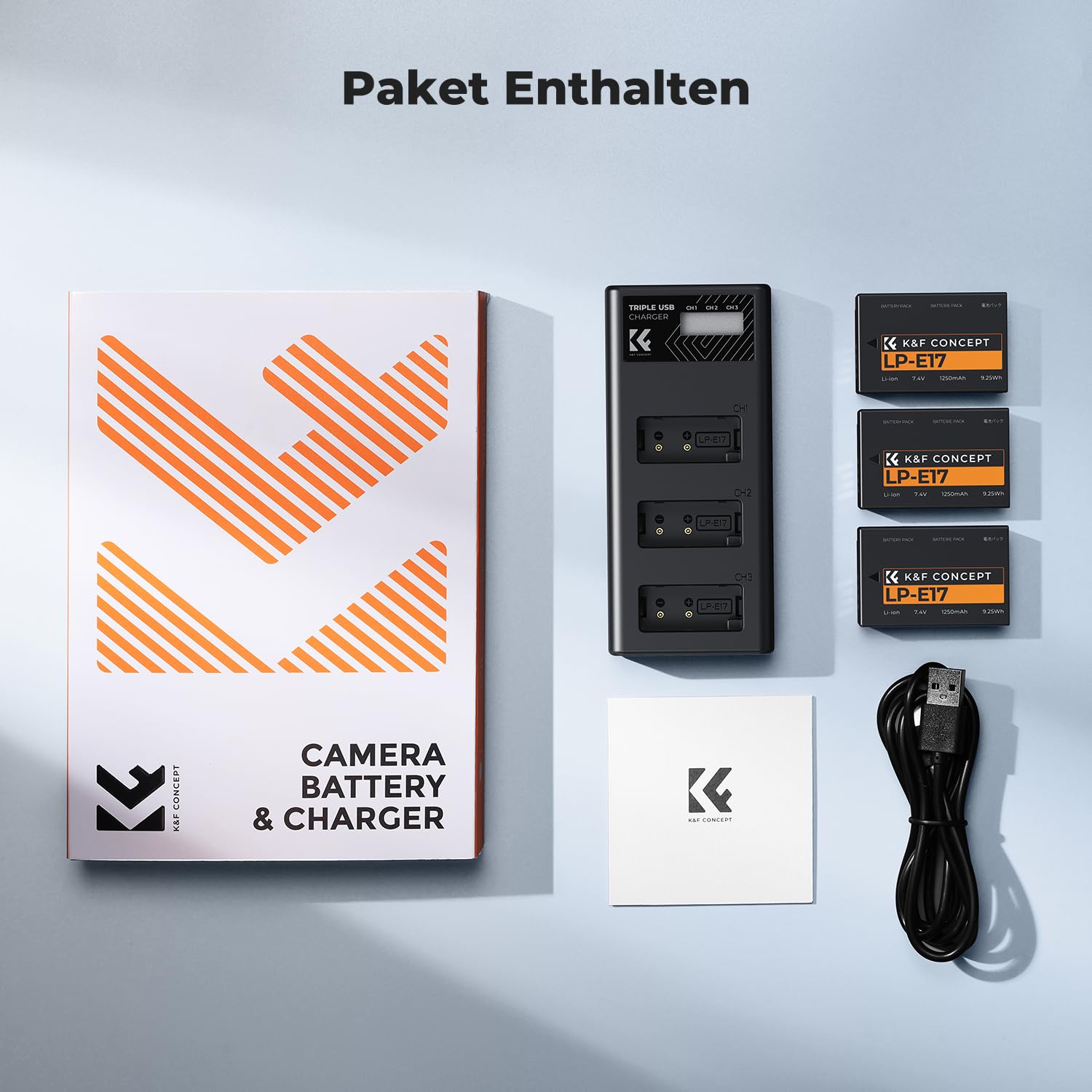 K&F CONCEPT 3er-Pack LP-E17 1250mAh Akku und Verbessertes 3-Schacht LCD Ladegerät,Kompatibel mit Canon EOS RP, EOS R10, EOS R8, EOS R50, Rebel T8i,T7i,T6i,SL2, SL3, EOS 77D, EOS 750D Powershot V1