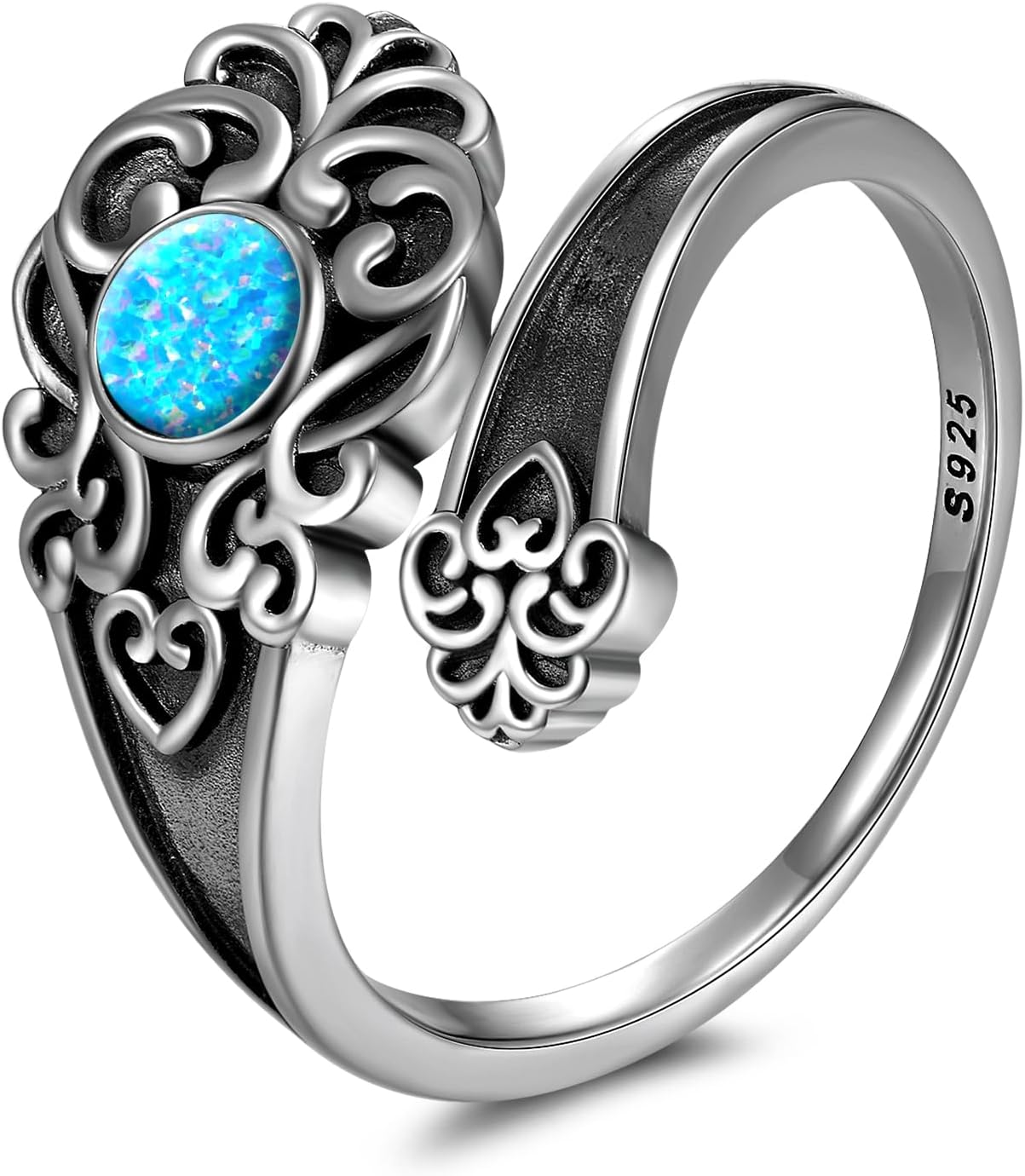 TYSO Moonstone/Obsidian/Opal/Turquoise Spoon Ring 925 Sterling Silver Open Adjustable Ring Oxidized Victorian Vintage Flower Thumb Rings for Women