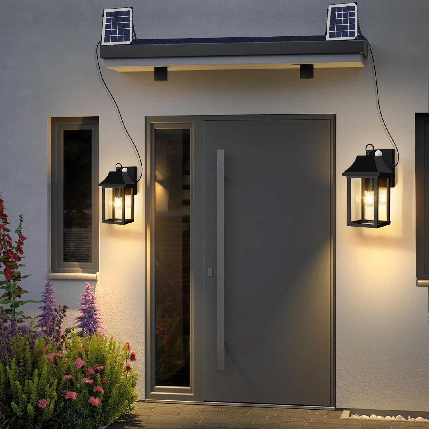 OKELI Solar Porch Lights Outdoor Dusk to Dawn Motion Sensor :Solar Light with Separate Panel & Battery Replaceable Exterior Waterproof Wall Sconce Lighting Lamp (Black A, 2 Pack)