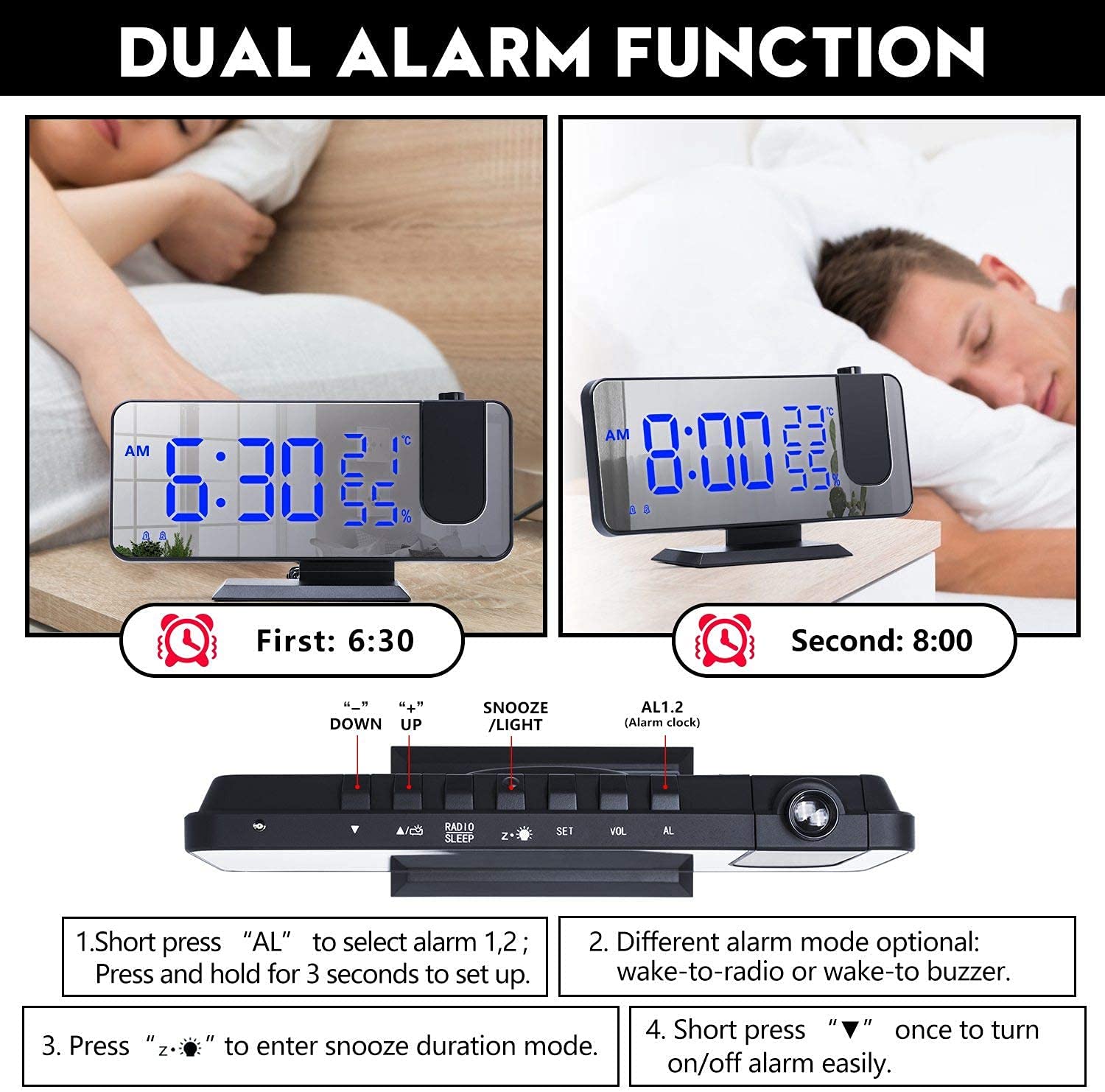 TXXMM Reloj de Alarma de proyección, Reloj Digital con Radio FM y USB Cargador, Digital DIRIGIÓ Dimmer de Pantalla de Temperatura y Humedad