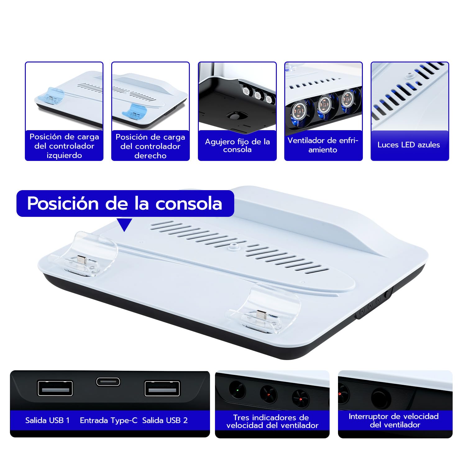 Wigearss Soporte Vertical para PS5/PS5 Slim/PS5 Pro con Ventiladores de Refrigeración, Carga para 2 Mandos, Iluminación LED y Ventilador de Enfriamiento Ajustable en 3 Niveles