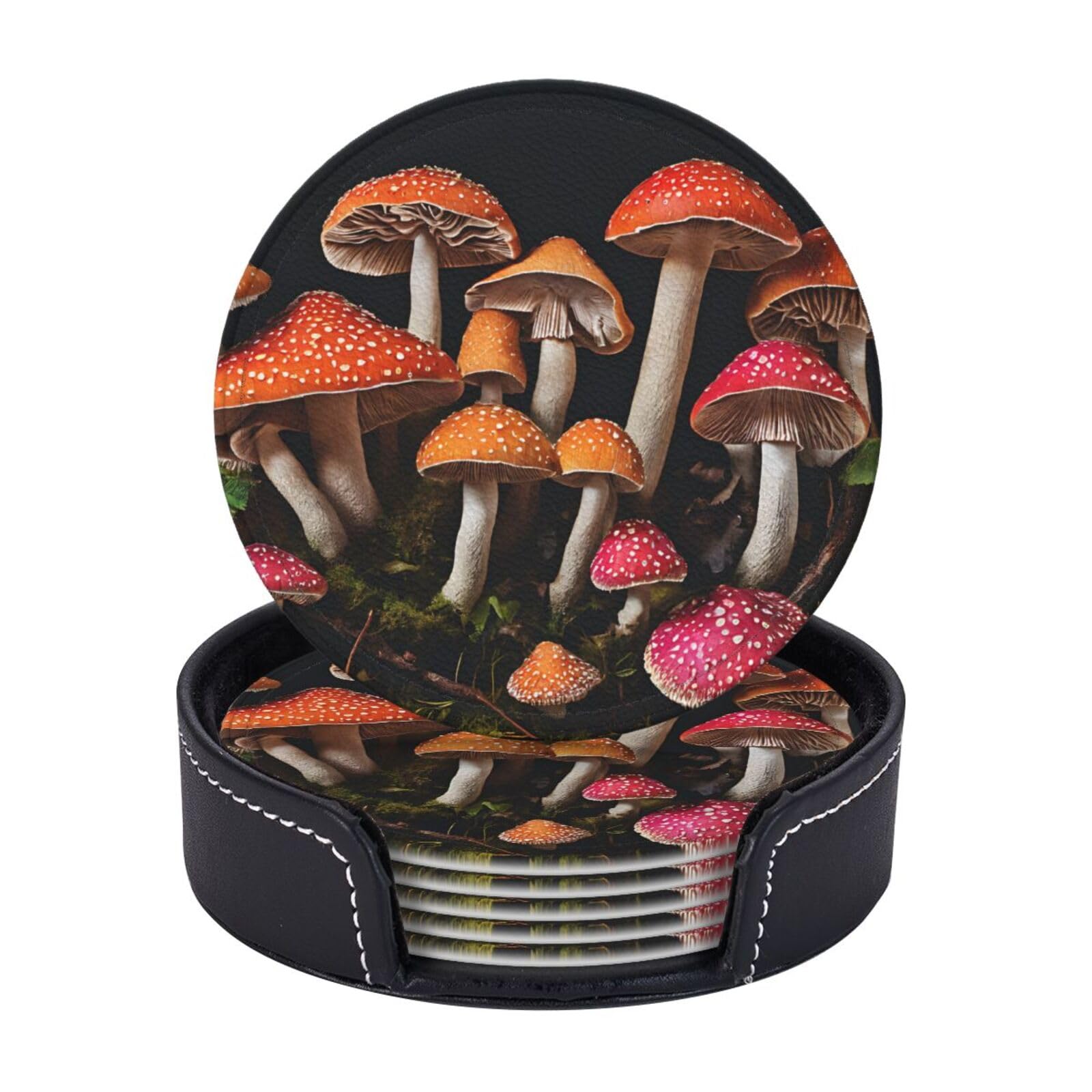 Coasters Set of 6 Microfiber PU leather Coasters with Holders for Drinks Coffee Bar Accessories, House Apartment Coffee Table Decor, Housewarming Gifts - Mushroom