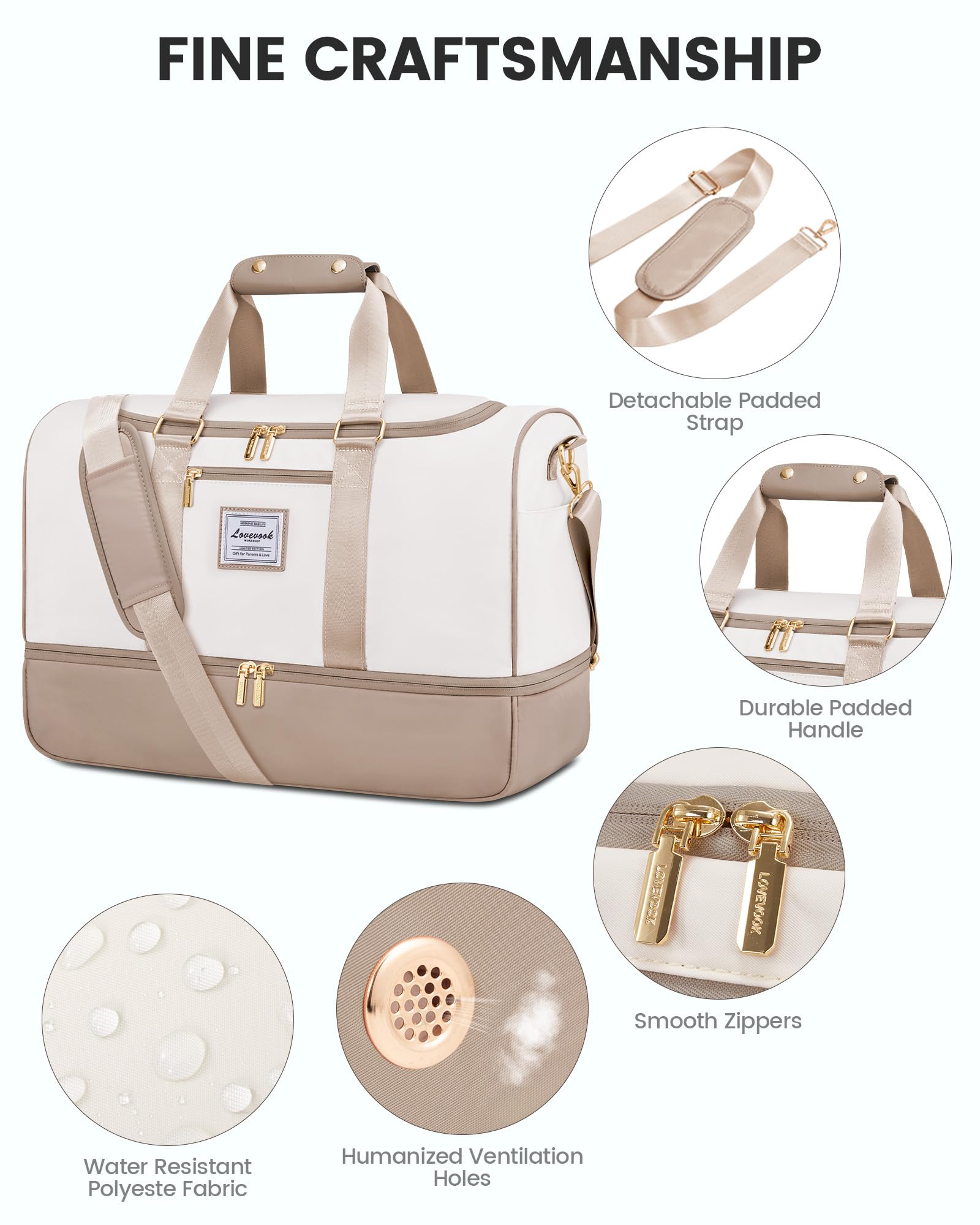 LOVEVOOK torba podróżna damska, torba weekendowa Travel Duffle Carry On Bag z kosmetyczką, kieszenią na buty i przegródką na mokre rzeczy, wodoszczelna torba sportowa Gym Yoga Bag, torba podręczna na