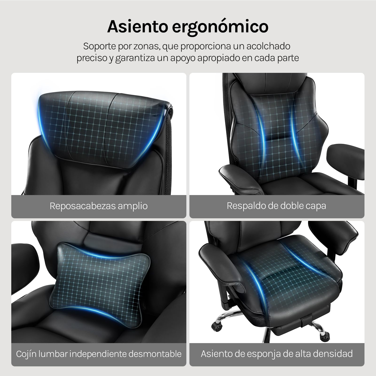 WOLTU Sillón Ejecutivo Ergonómica, Silla Oficina, Asiento PU, Negro | Respaldo Alto y Cojín Soporte Lumbar, Giratoria con Reposapies Retráctil y Función Mecedora, Asiento PU, para Oficina o Casa