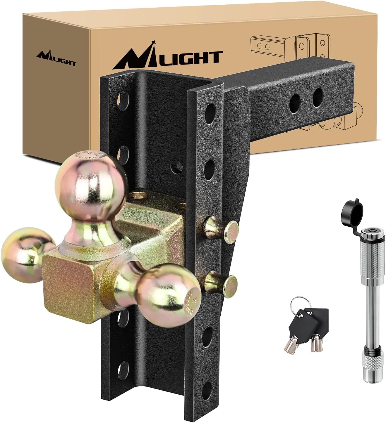 Nilight Adjustable Tri-Ball Trailer Hitch Mount 8 Inch Drop/Rise Hitch 1-7/8" 2" 2-5/16" Fits 2-Inch Receiver 15000lbs GTW for Heavy Duty Truck with Anti-Theft Pin