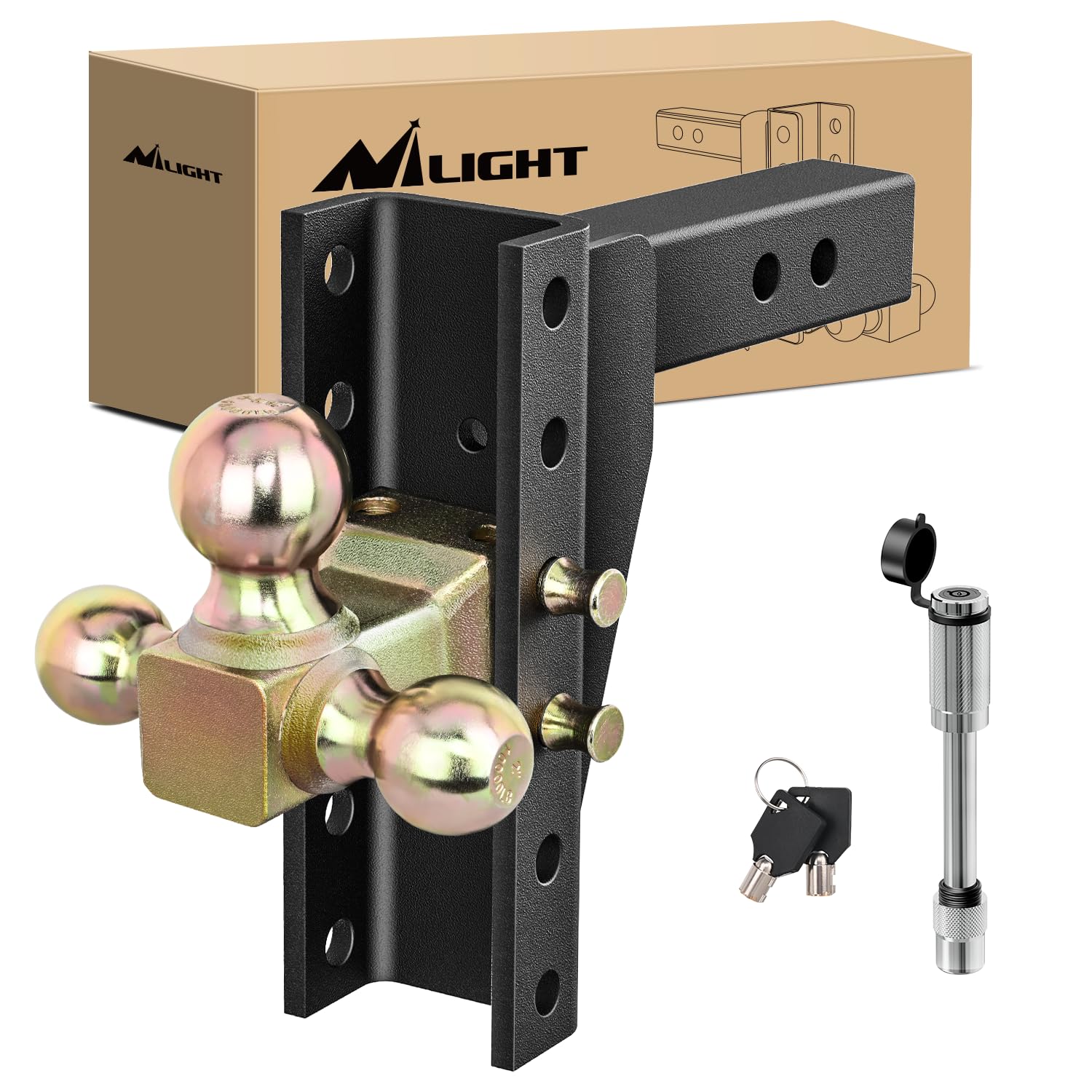 Nilight Adjustable Tri-Ball Trailer Hitch Mount 8 Inch Drop/Rise Hitch 1-7/8" 2" 2-5/16" Fits 2-Inch Receiver 15000lbs GTW for Heavy Duty Truck with Anti-Theft Pin