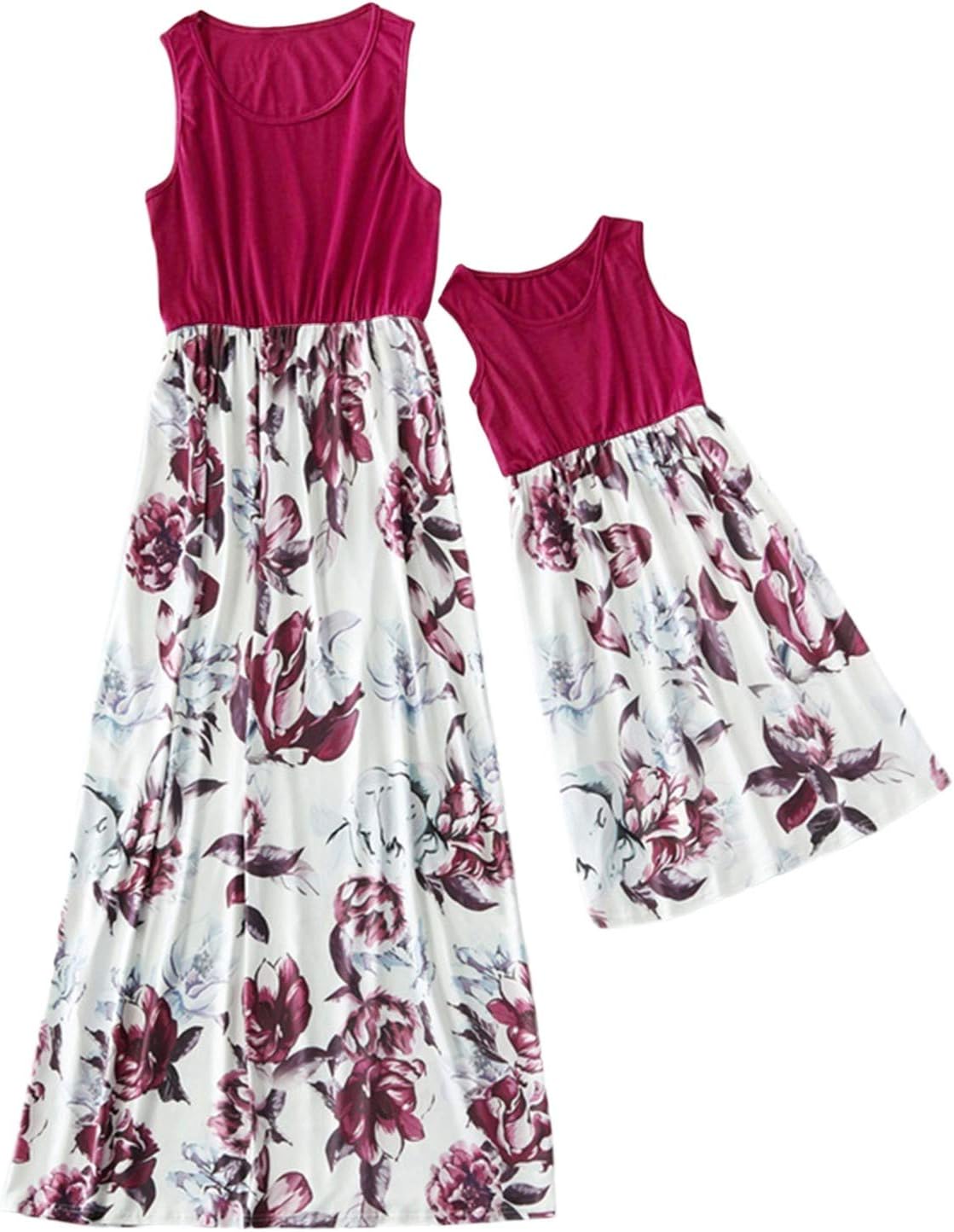 Mommy and Me Matching Maxi Dress Sleeveless Floral Family Matching Sundress Outfits for Mother &Daughter