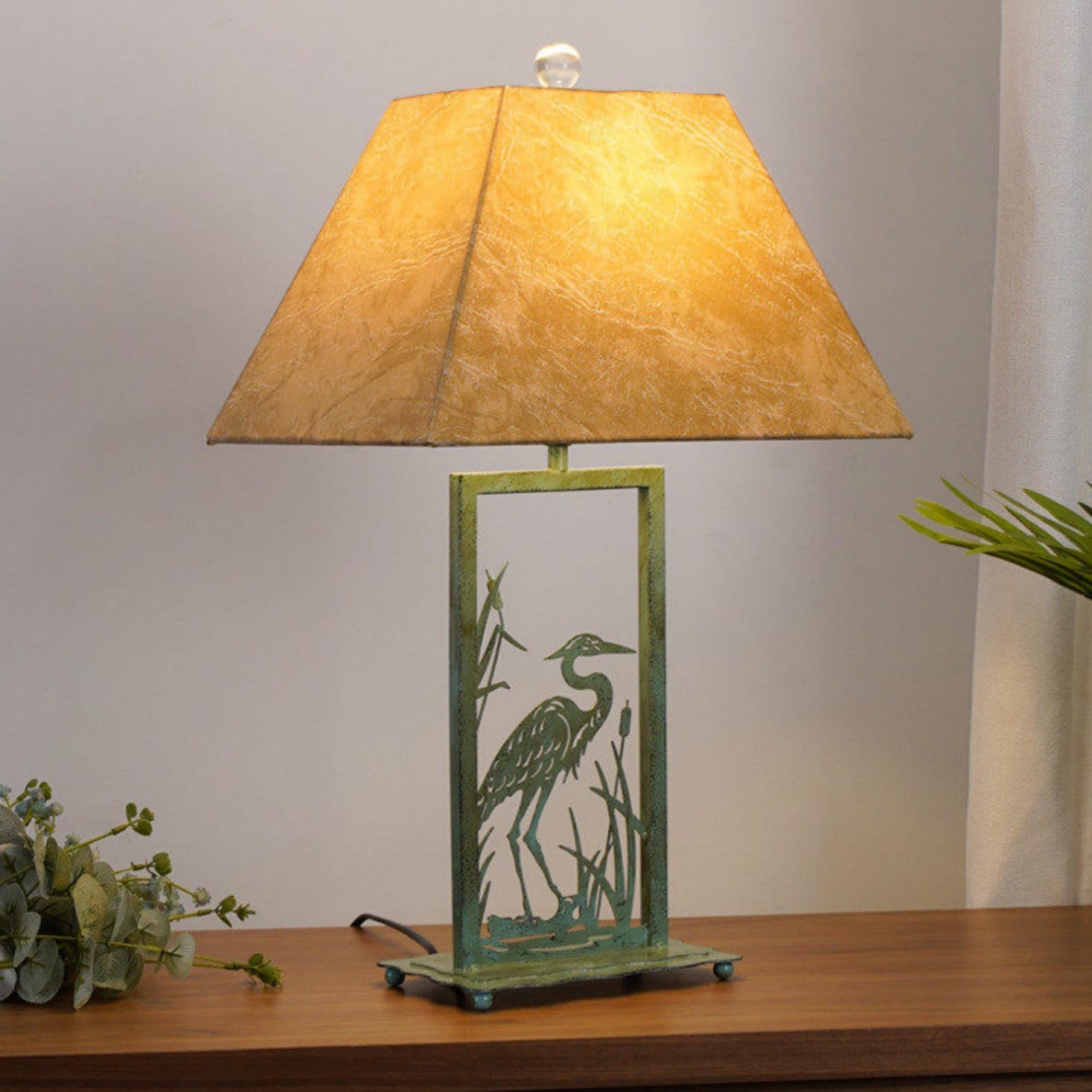 Rustic End Table Lamp Animal Theme Green Heron Decorative Lamp Country Western Desk Lamp Faux Fabric Nightstand Lamps for Log Cabin Cottage Living Room Bedroom