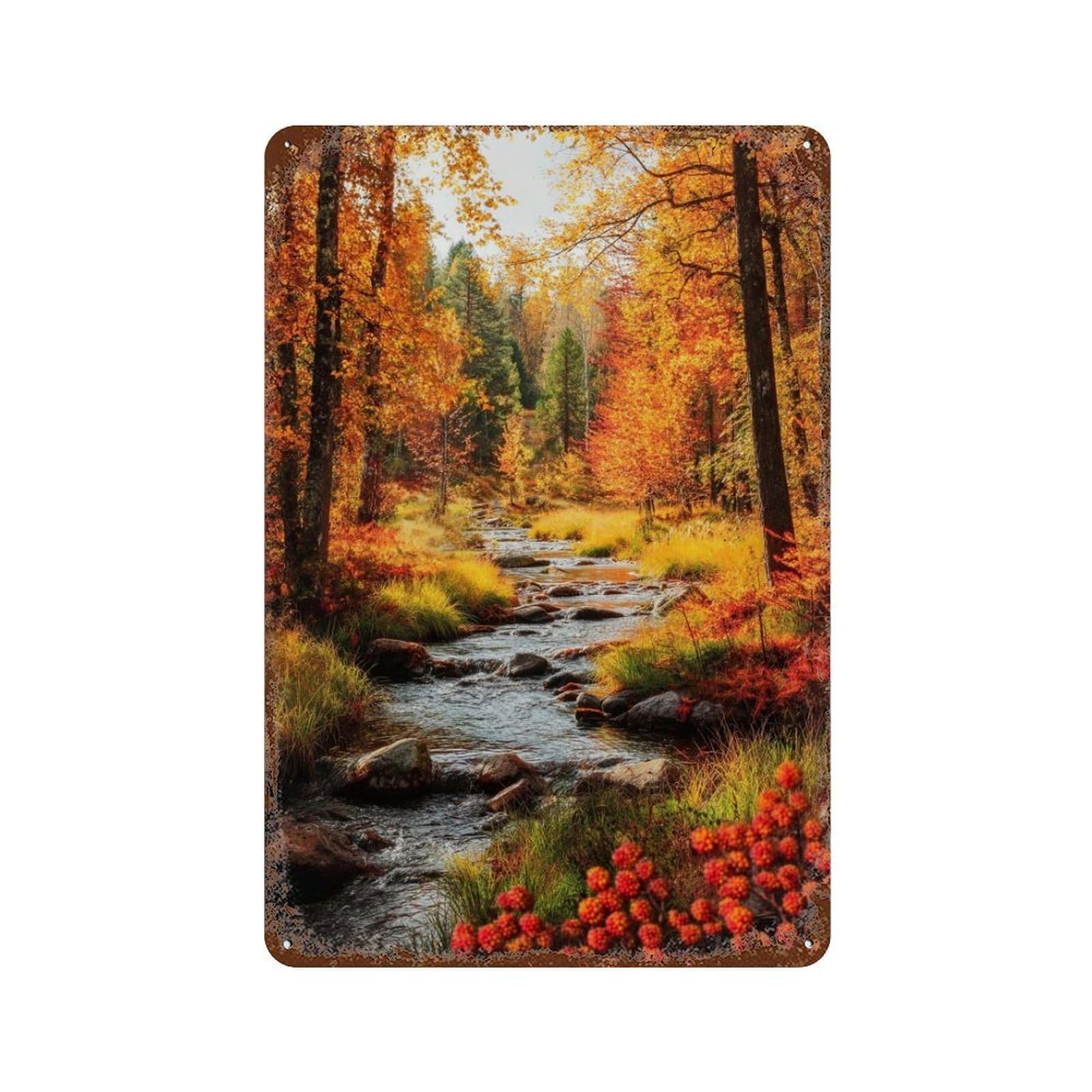 Garage Style Autumn Forest Stream Scene-1 Rust Effect Tin Sign 11.8"x7.9", Vintage Wall Decor for Bar And Workshop