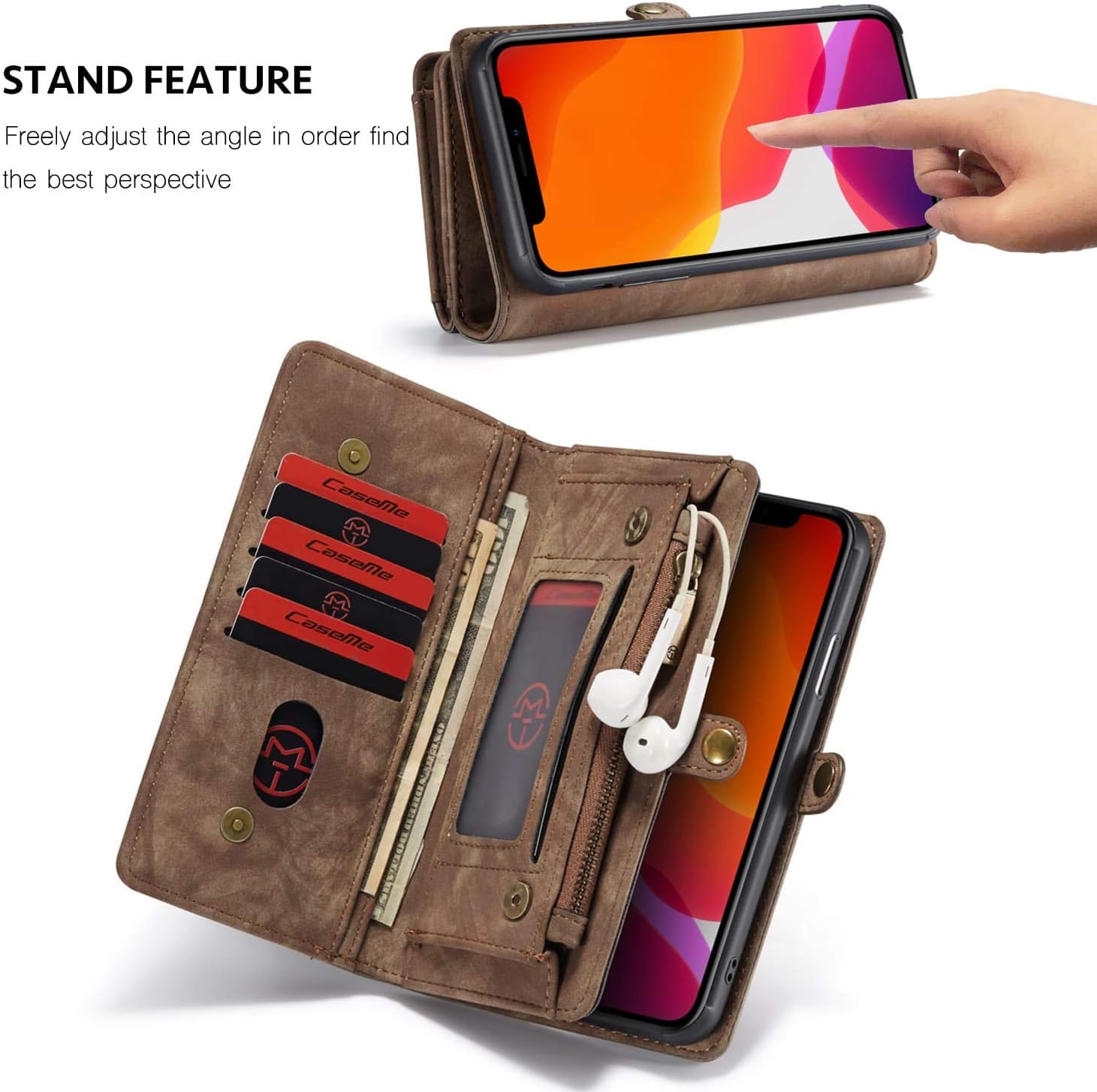SINIANL Compatible with iPhone 11 Wallet Case, Leather Zipper Detachable Credit Card Slot Money Pocket Clutch Cover Magnetic Closure Flip Cover for iPhone 11 Brown