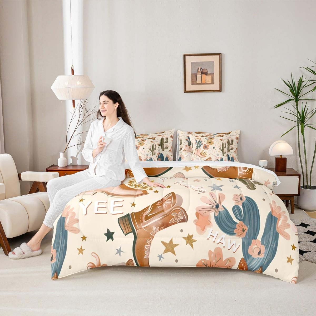 Manfei 7pcs Cowgirl Comforter Set Twin Size, Country Western Cowboy Boots Bedding Set with Sheets for Kids Girls Teens Room Decor, Wild West Cactus Flower Bed in a Bag Cute Cartoon Brown Bed Set - Image 2
