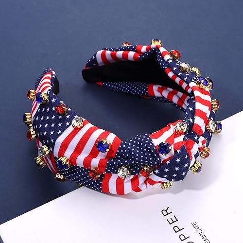 Miniatura 6 de Diadema de terciopelo de cristal, bandera estadounidense, turbante anudado, patriótico, diamantes de imitación, banda ancha para el cabello,