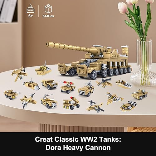 Miniatura 2 de WINGIFT Juego de construcción de 544 piezas de tanques del ejército de la Segunda Guerra Mundial, crea un modelo de cañón pesado alemán