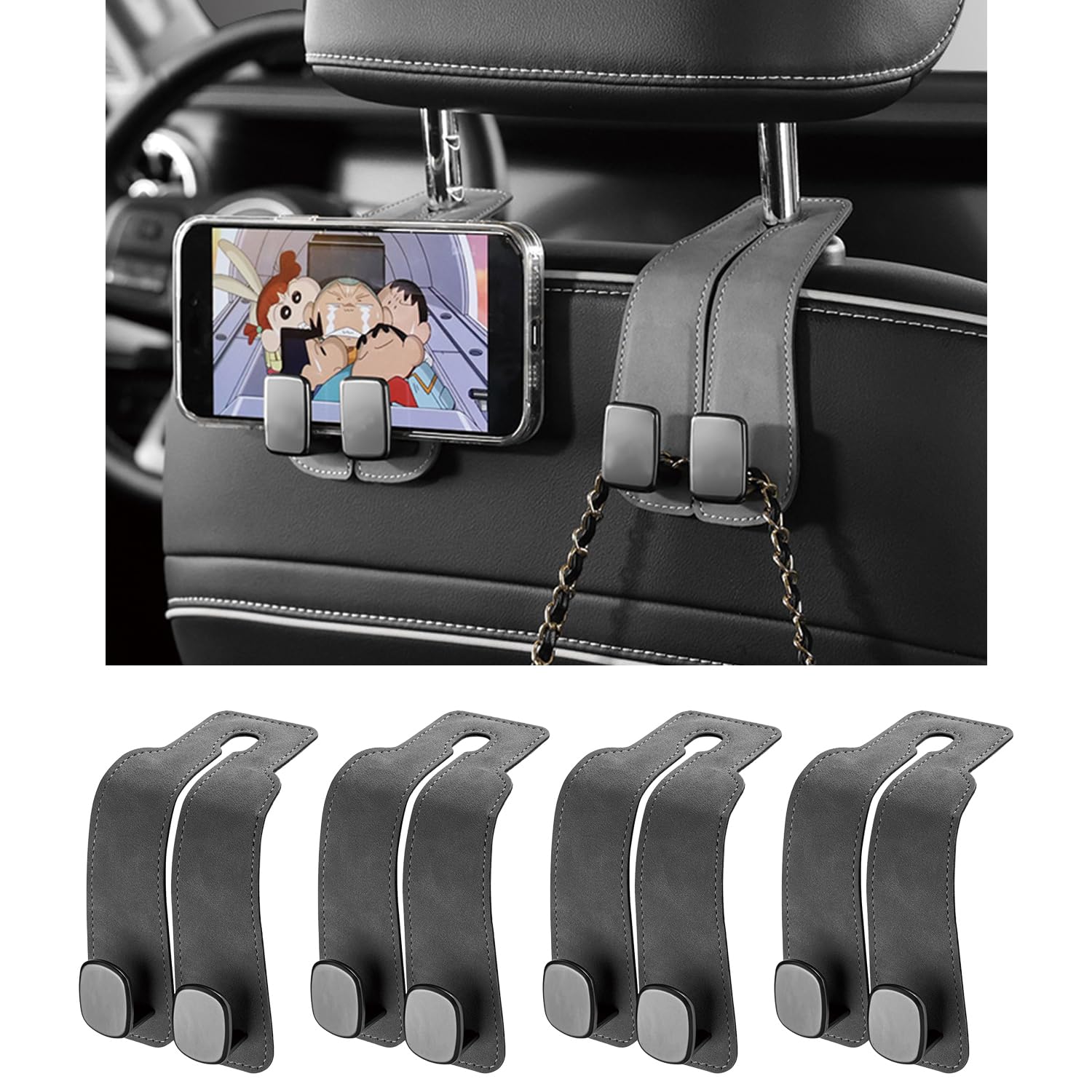 KINIVA Car Seat Headrest Storage Hooks, Set of 2, Suede PU Leather, Double Hooks (Grey-4 Pack)