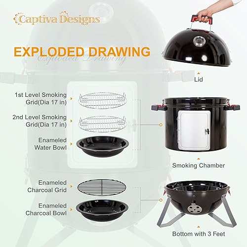 Miniatura 4 de Captiva Designs Parrilla de carbón vertical de 18 pulgadas con cámara de ahumado esmaltada de porcelana, ahumador de montaña de madera para carne,
