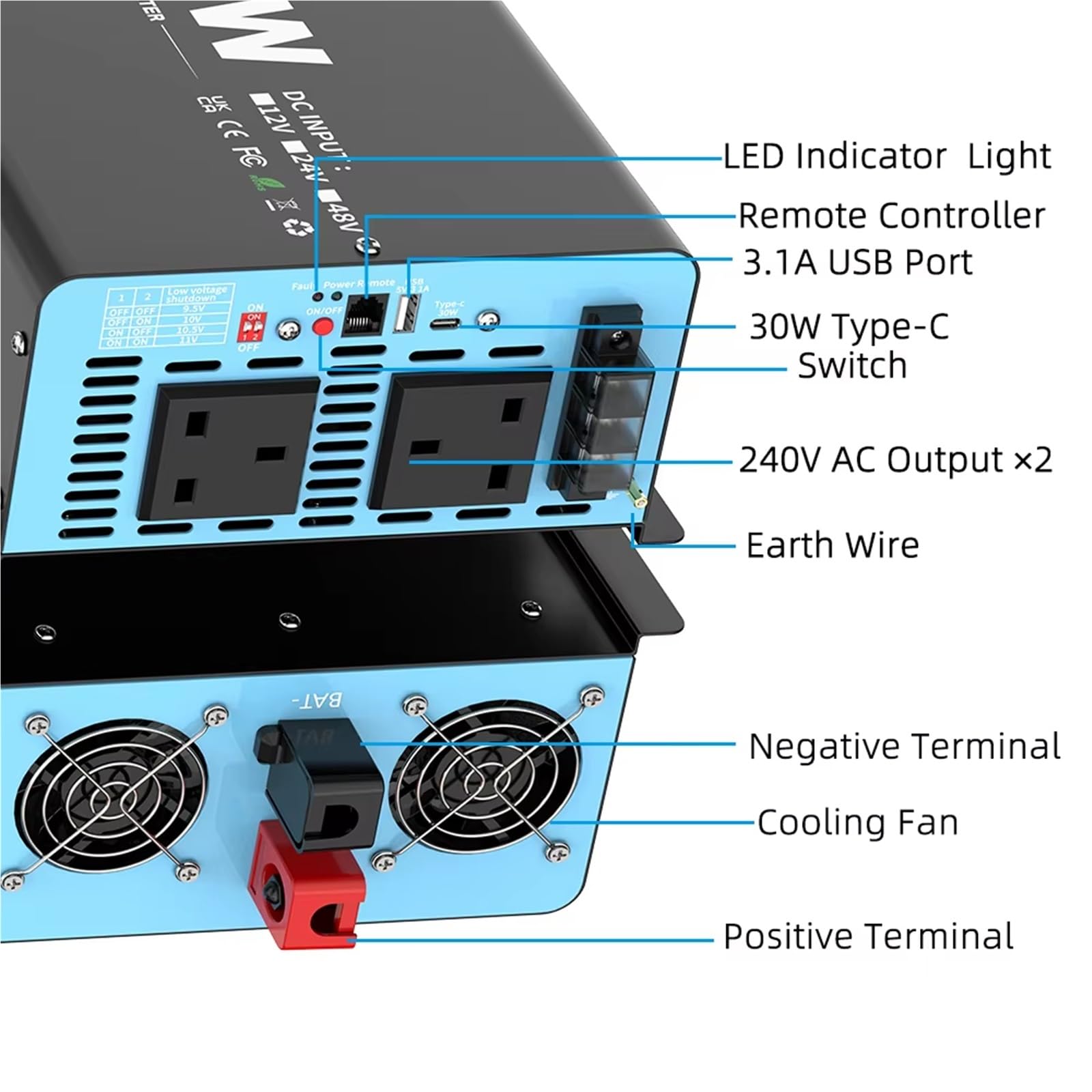 Inversor Inversor De Onda Sinusoidal Pura (Reino Unido) 3000W CC 12V/24V CA 240V Convertidor Frecuencia 50 Hz, Inversor Solar para Coche Transformador Onda sinusoidal modificada