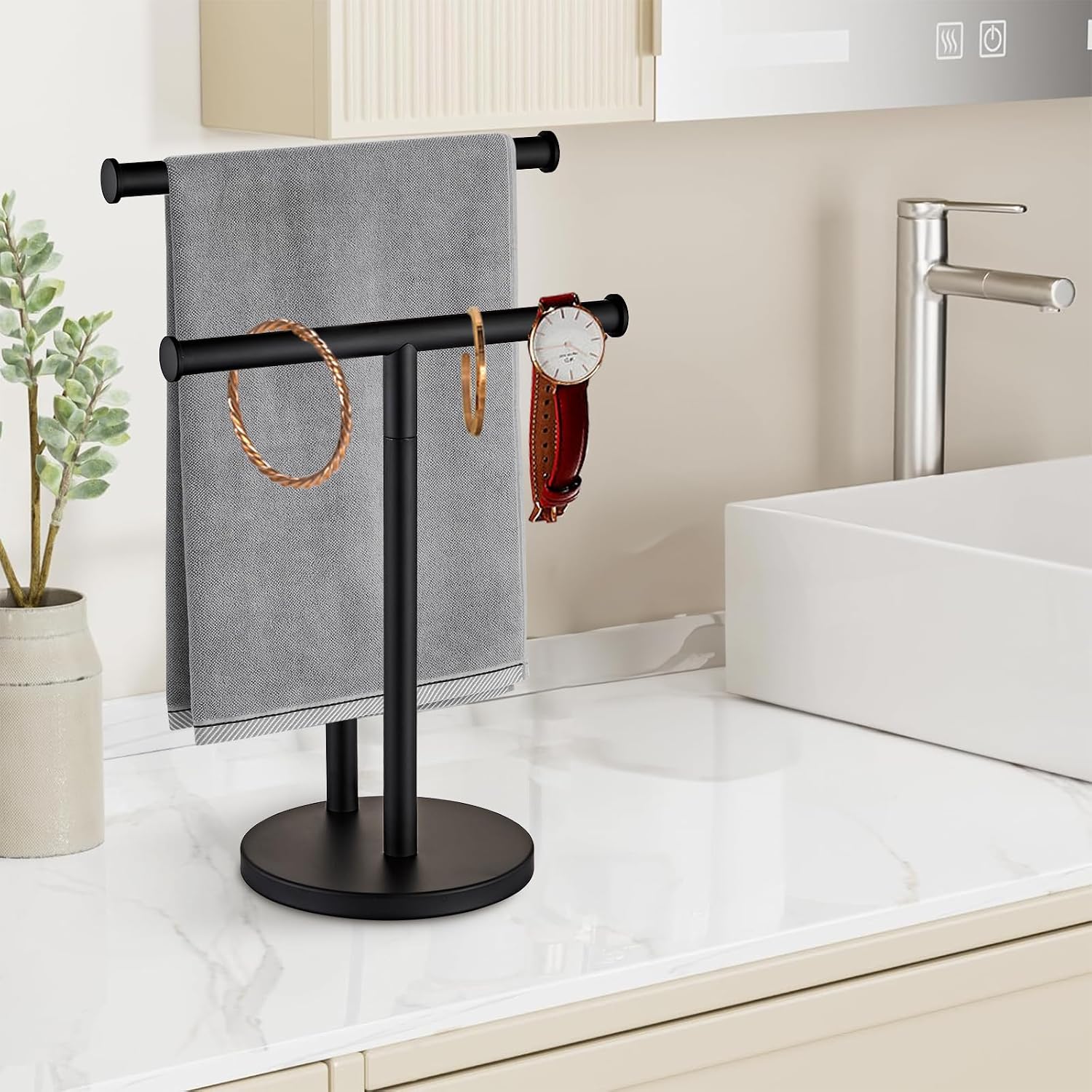 Hand Towel Holder Stand for Bathroom, T-Shape Towel Rack, Black