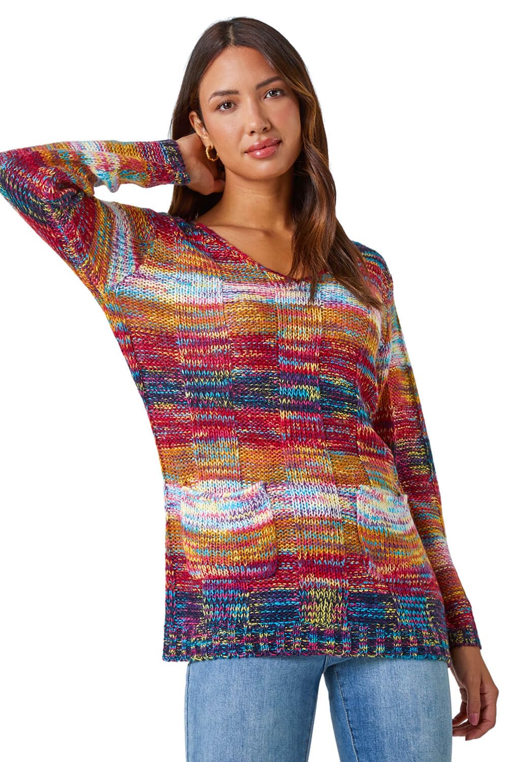 Roman Originals Women's Multi Roman Mixed Yarn Pocket Detail Jumper For Uk - Autumn Everyday Winter Holiday V-Neckline Comfy Long Sleeve Cool Soft Feel Top Daywear Sweaters - Size 20