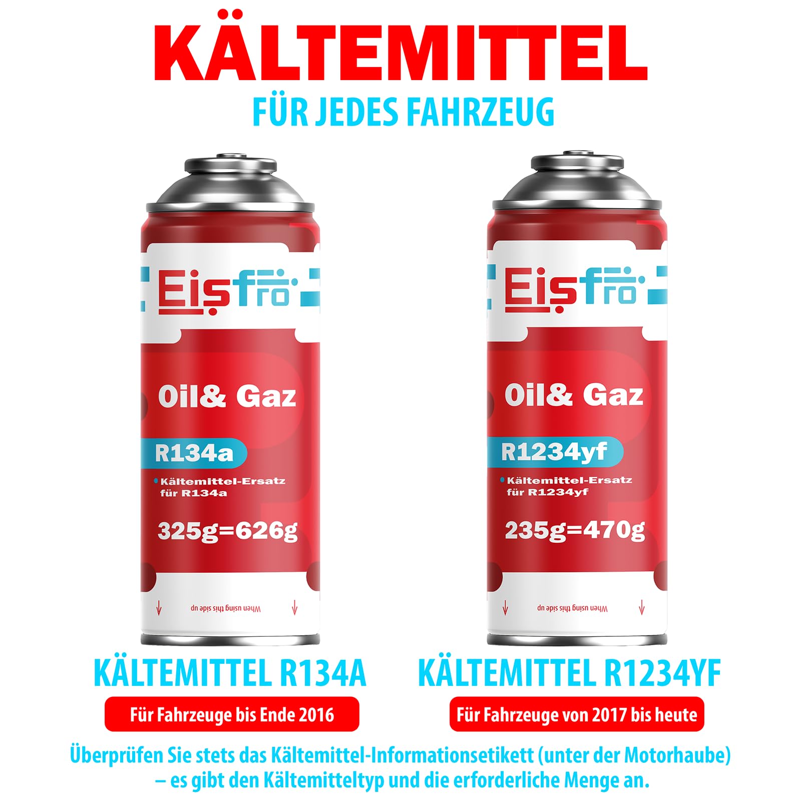 R1234yf Kältemittel Klimaanlage Nachfüllset – Auto Klimagas für Fahrzeuge Ab 2016 – 5 x 235 g Flaschen mit Füllschlauch und AZ Adapter – Auto Klimaanlage Nachfüllen Set