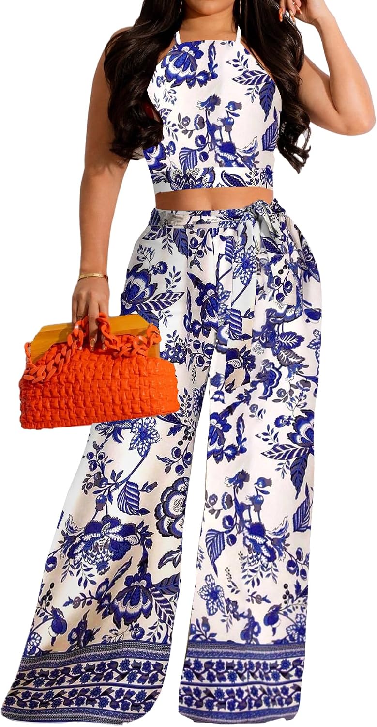 Elegant Two Piece Outfits for Women Sexy Bandage Top Long Straight Pants Swimwear Sets Coverups Vacation Beach