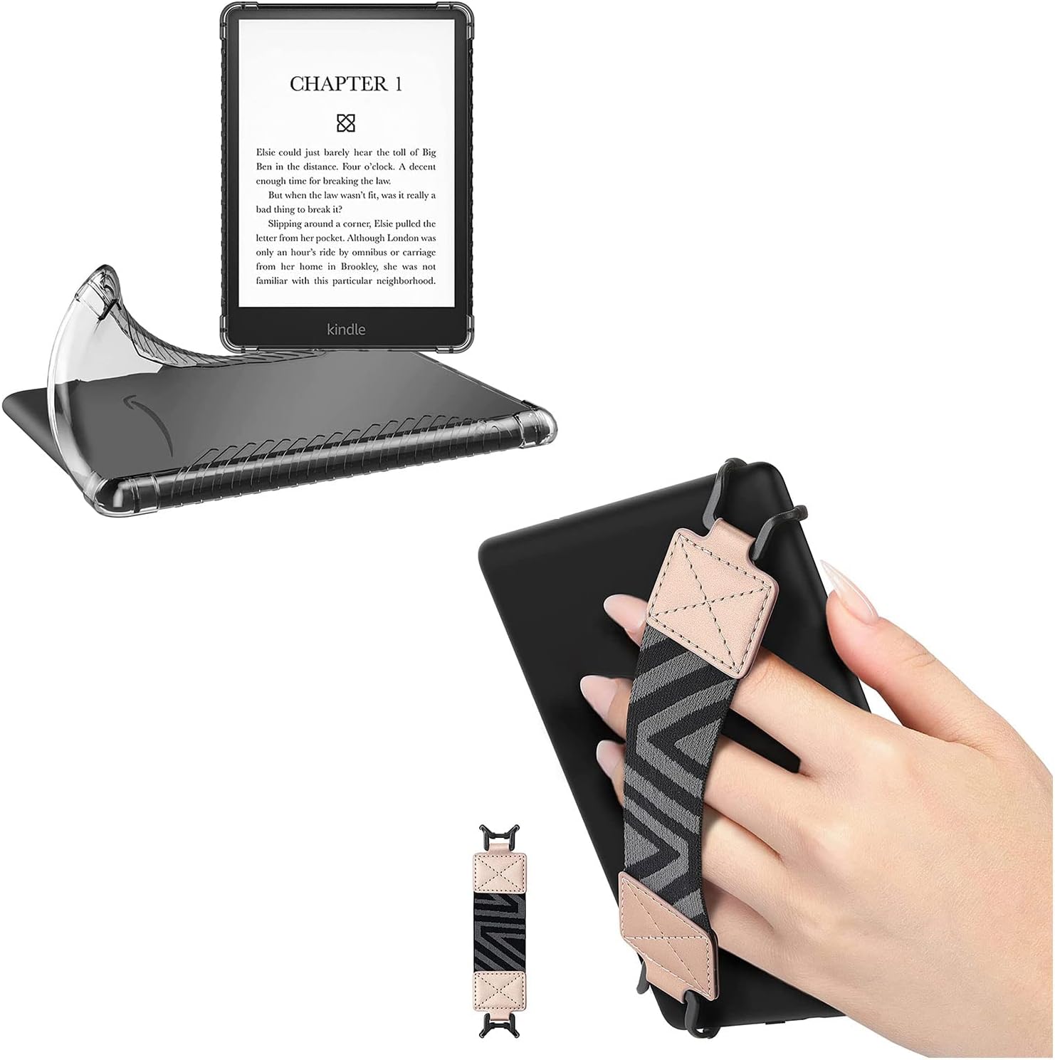 MoKo Lanière de sécurité pour Kindle eReader Fire Tablet de 6-8 - Kindle/Kobo/Voyaga/Lenovo/Sony Kindle E-Book Tablet, Lanière de main élastique polyvalente à prise doigt légère, Ceinture noire, Noir
