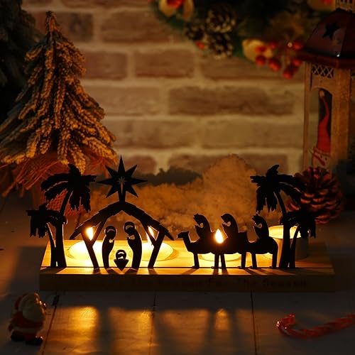 Miniatura 7 de Vesici Nativity Sets for Christmas Indoor Decor Black Advent Candle Holder Wooden Nativity Scene with Base People Christmas Set Wooden Ornaments for