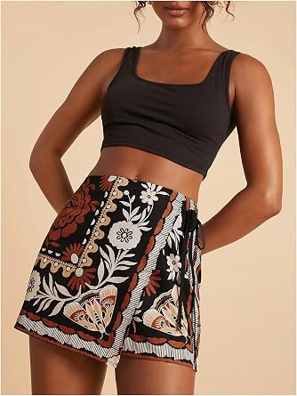 SweatyRocks Women's Boho Mini Skirts Floral Shorts Tie Side Wrap Elastic Waist Summer Skorts Beach Vacation Outfits